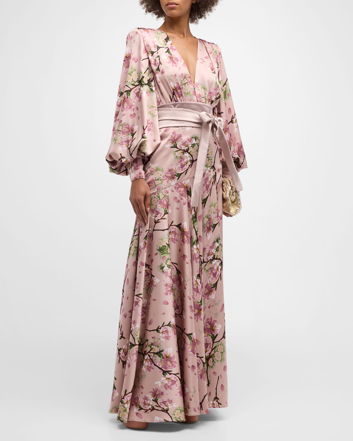 Bronx and Banco Carmen Sakura-Print Bishop-Sleeve Gown