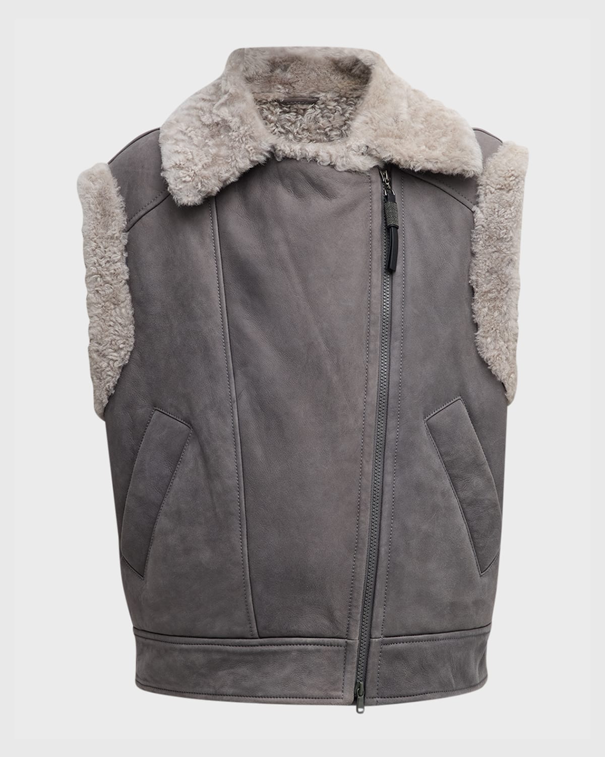 Brunello Cucinelli Suede Moto Vest With Soft Shearling Lining In C8787 Grey