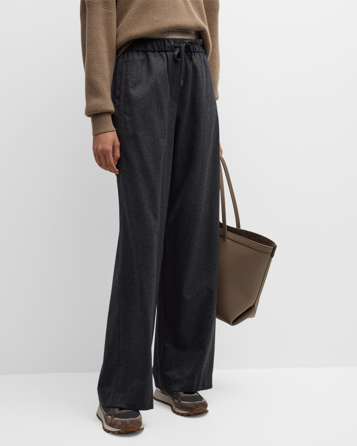 Brunello Cucinelli Flannel Wool Pant With Contrast Taffetta Waist And Drawstring In C004 Dark Grey