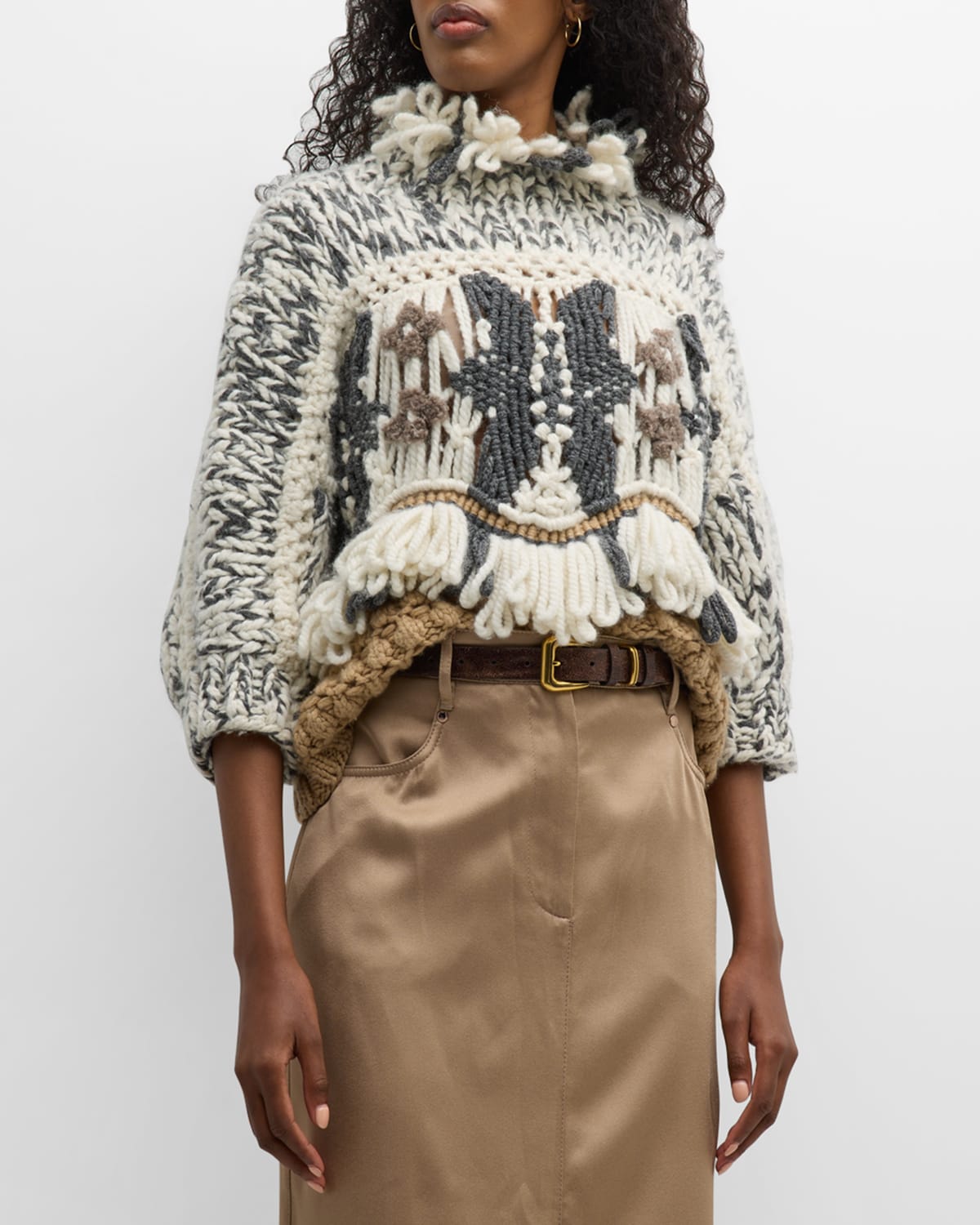 Brunello Cucinelli Cashmere Knit Sweater With Intarsia Macrame Details In Cju57 Medium Beig