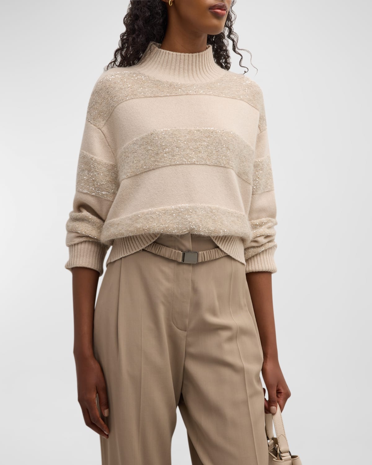 Shop Brunello Cucinelli Sequined Stripe Wool-cashmere Sweater In Cls40 Beige