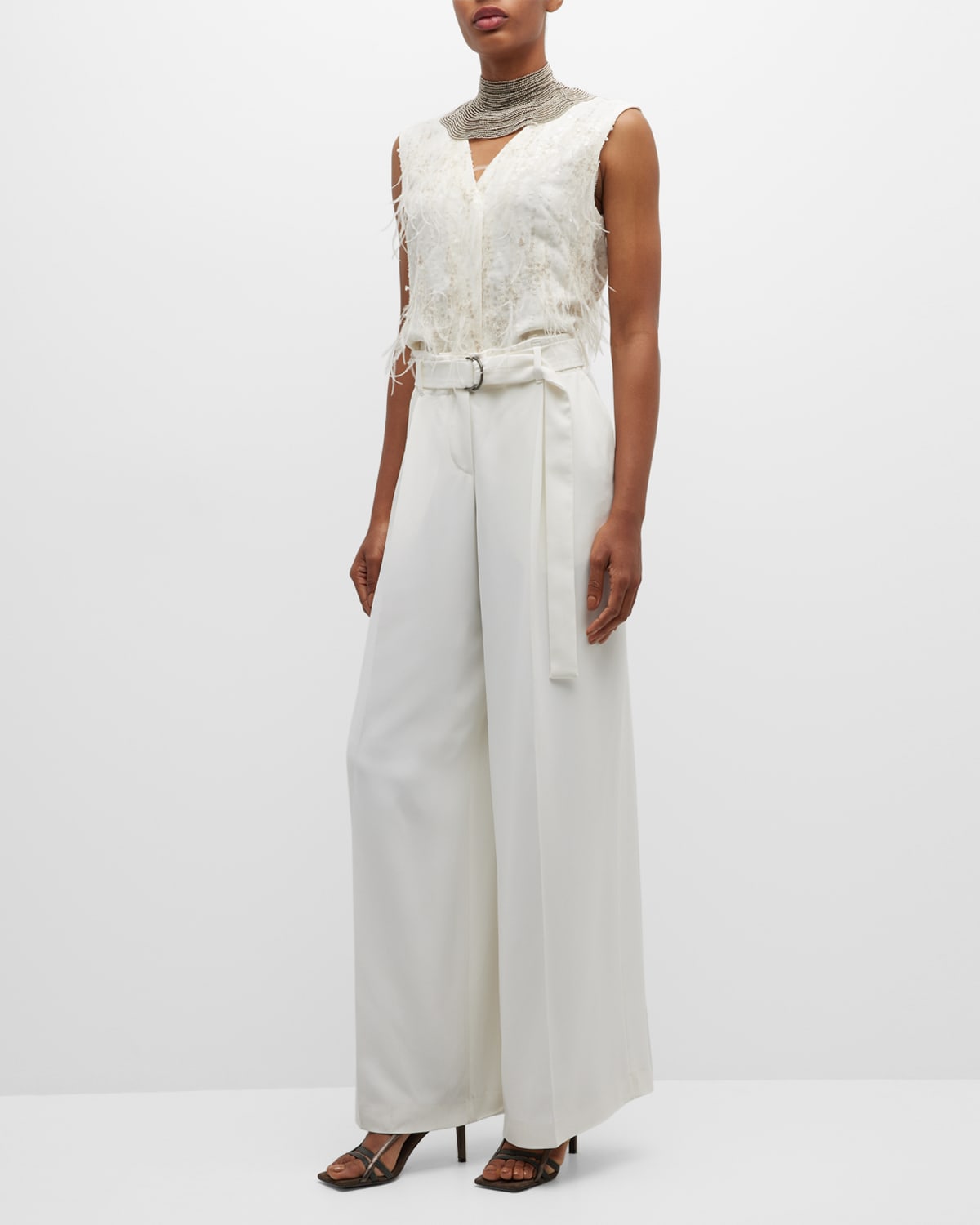 Brunello Cucinelli Wide-leg Jumpsuit With Sequin And Feather Top In C600 Natural