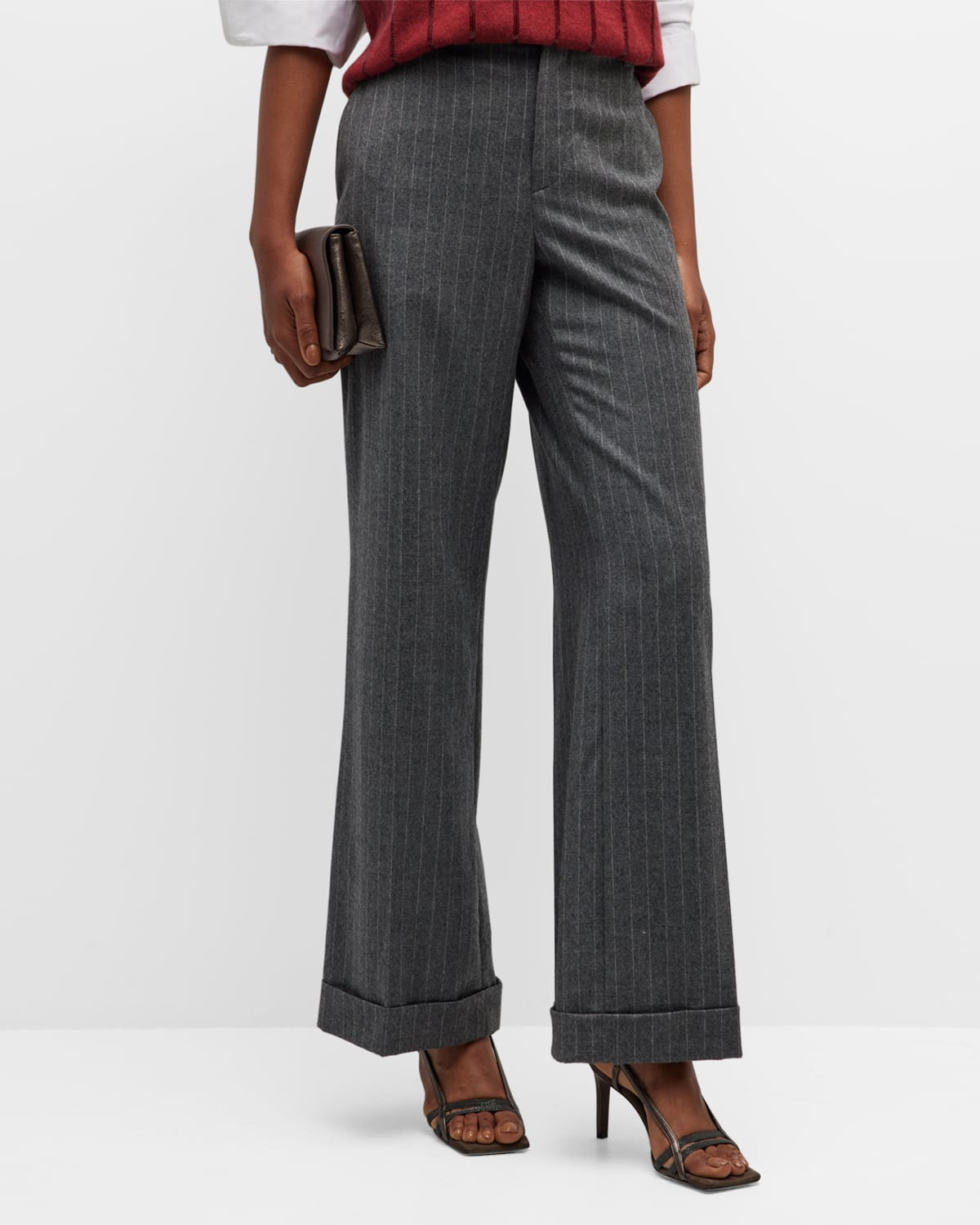 Brunello Cucinelli Sparkle Pinstripe Pleated Pants With Hollywood Cuffs In C001 Grey White