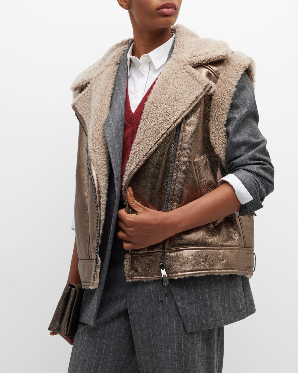 BRUNELLO CUCINELLI REVERSIBLE METALLIC MOTO VEST WITH SHEARLING LINING