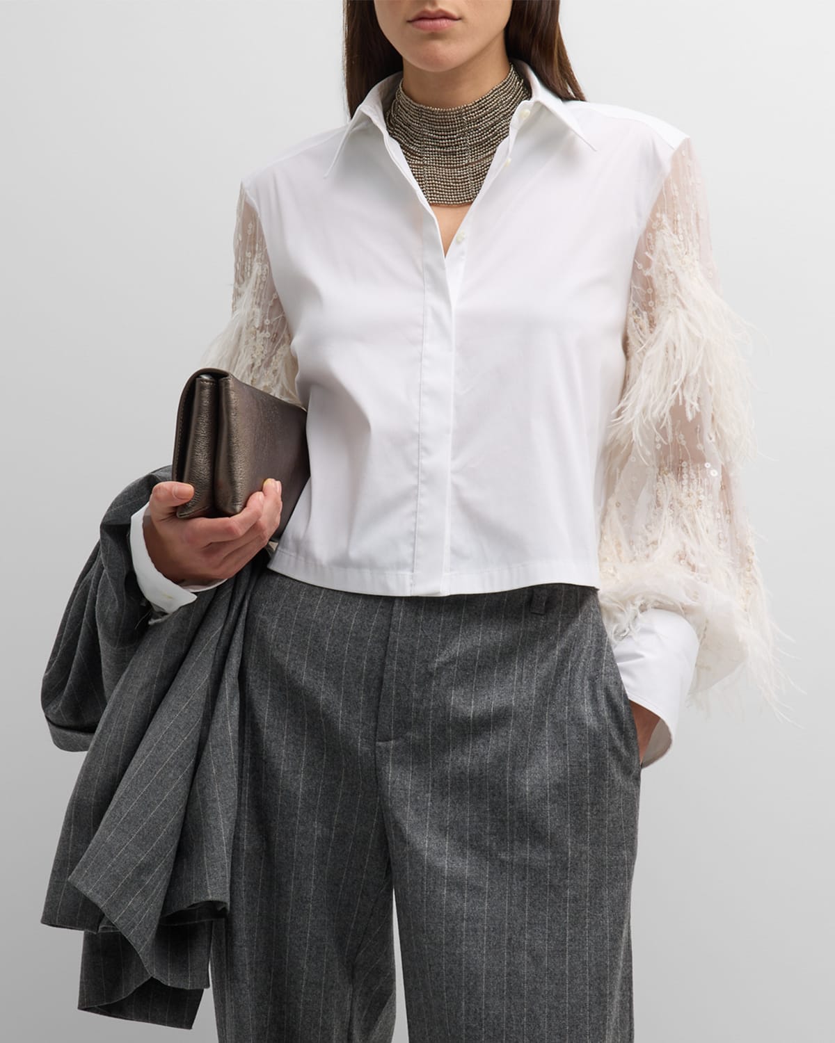 Shop Brunello Cucinelli Button-front Cotton Shirt With Ostrich Feather Sleeves In C159 White