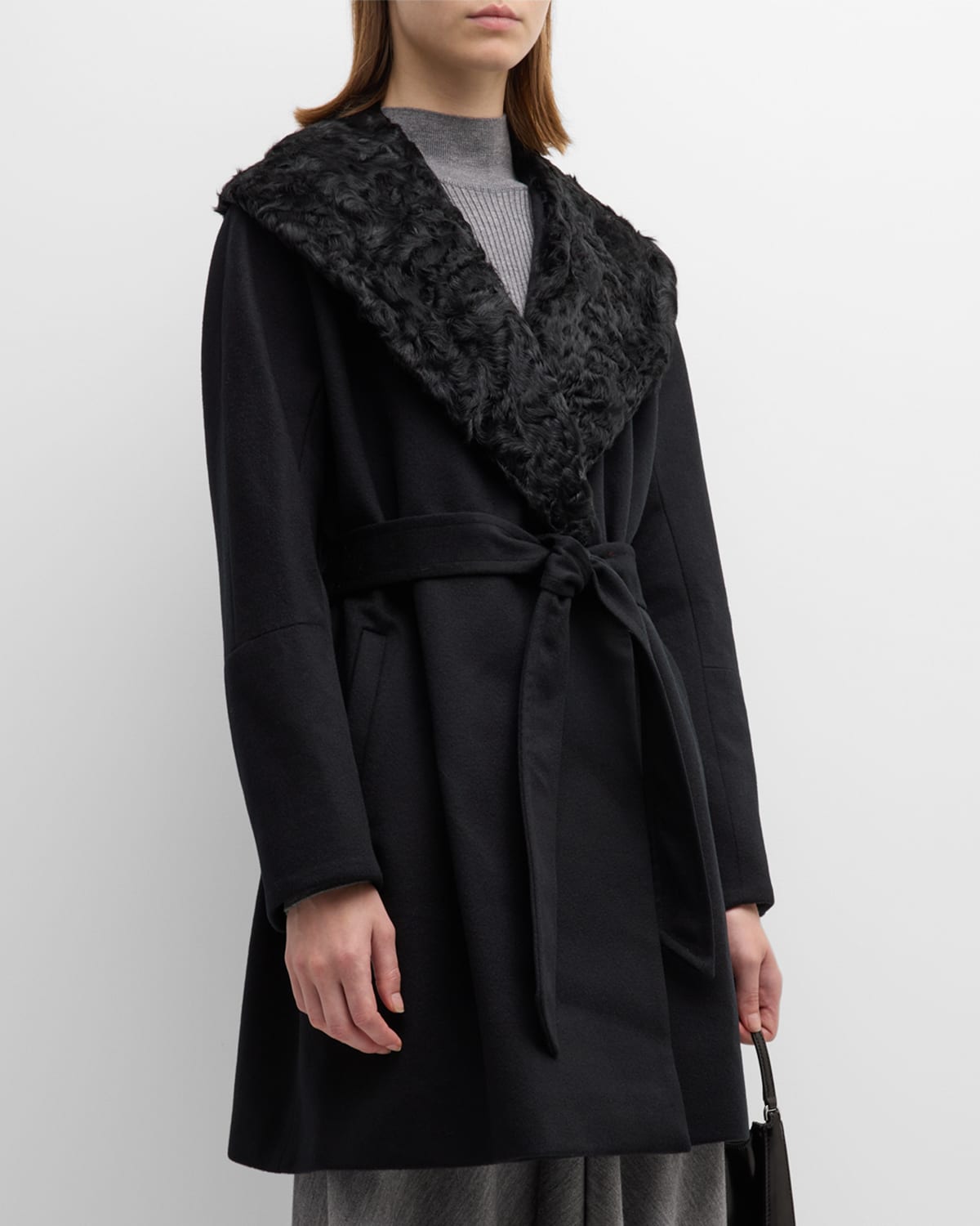 Cashmere Belted Wrap Coat with Curly Shearling Collar