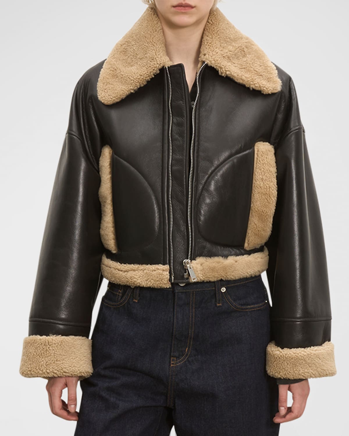 Short Leather Aviator Jacket with Shearling Trim