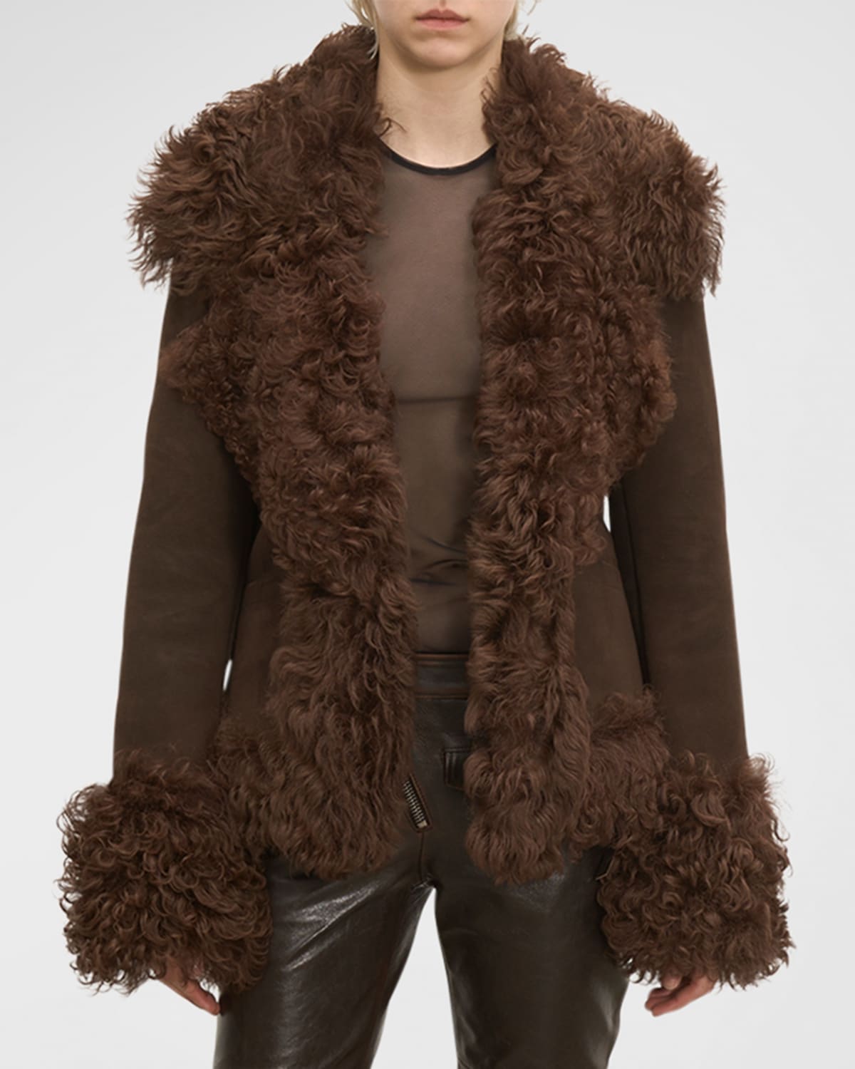 Leather Short Jacket with Shearling Trim