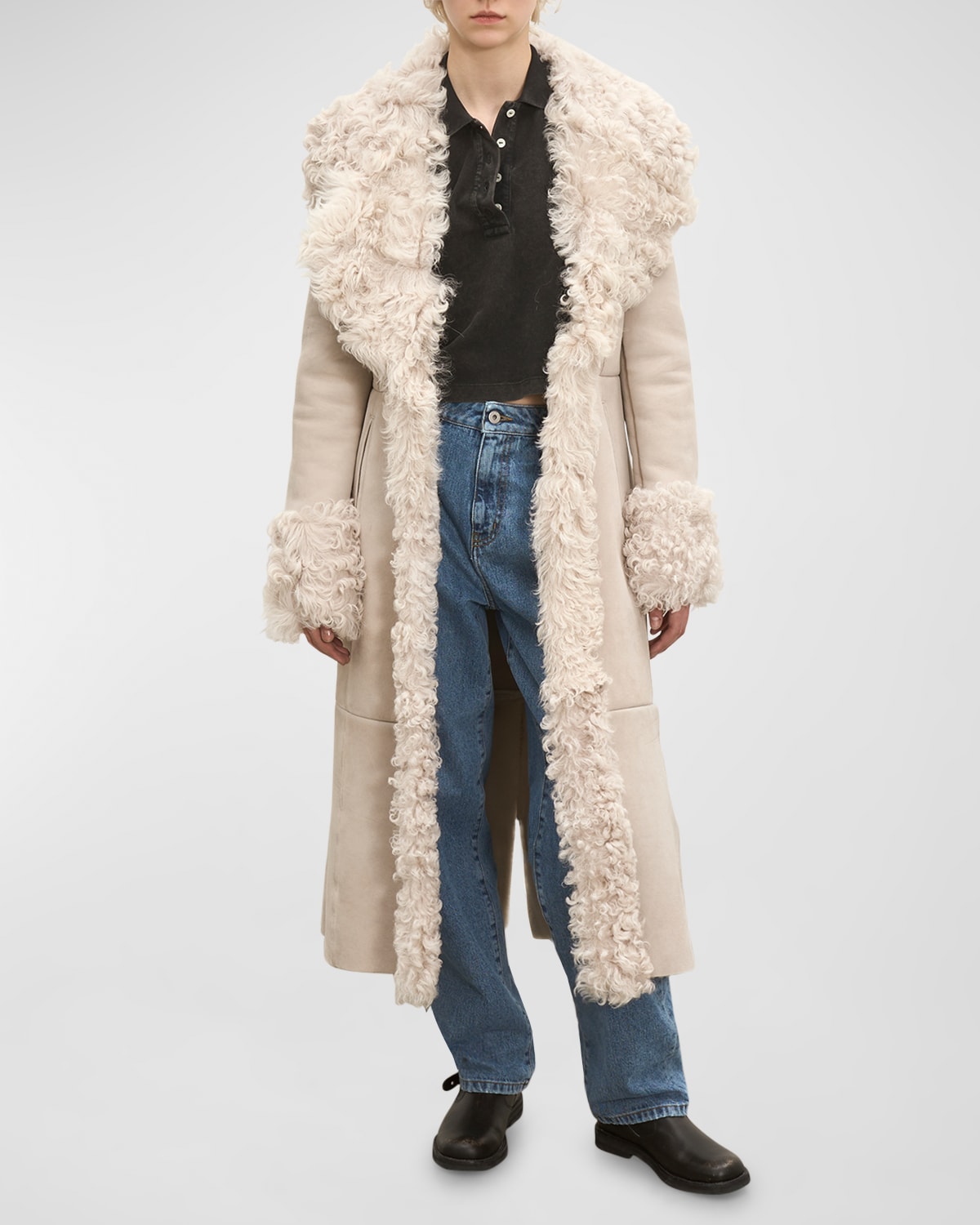 Long Leather Top Coat with Shearling Trim