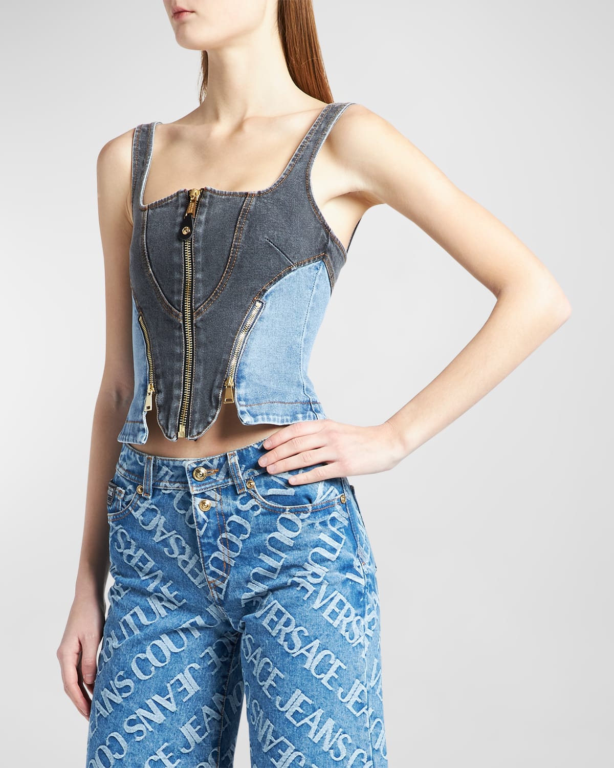 Versace Jeans Couture Two-tone Denim Bustier Crop Top In 905black