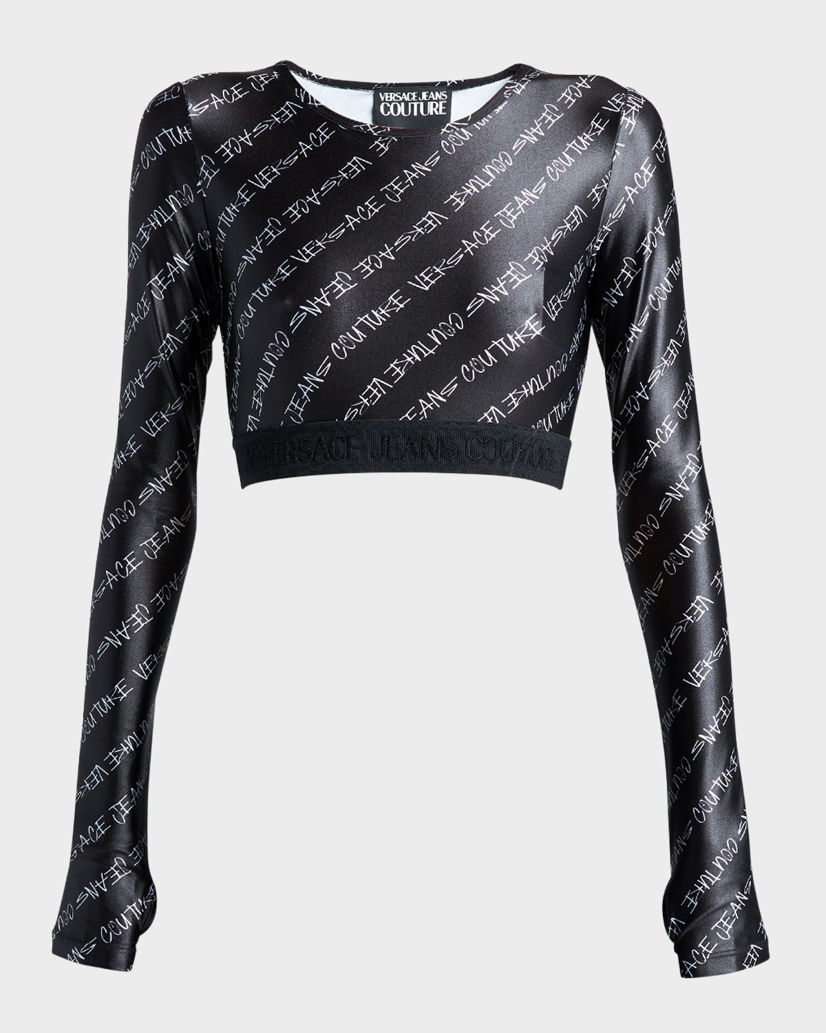 Versace Jeans Couture Long Sleeve Logo-print Crop Top In Black
