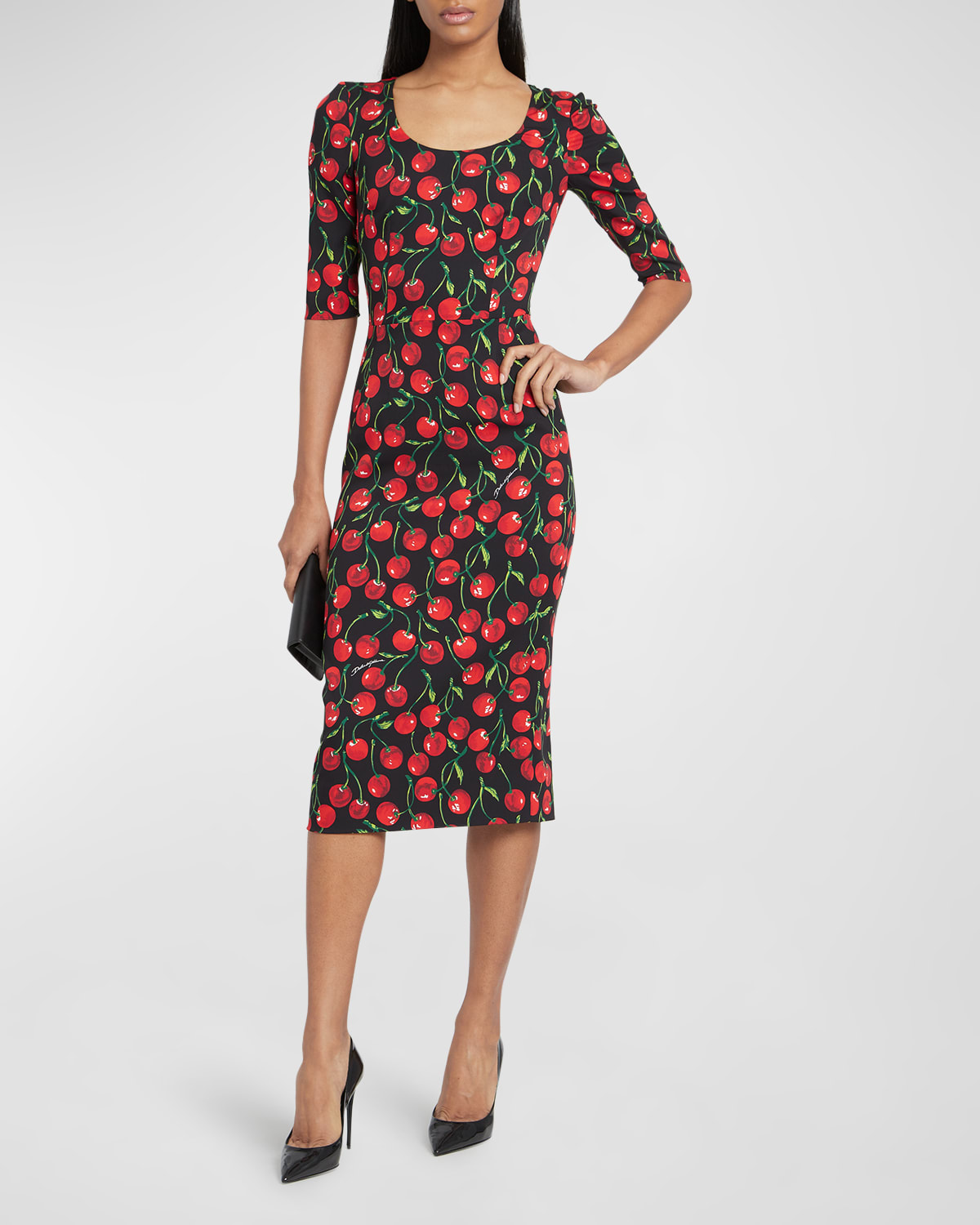 Dolce & Gabbana Cherry Print Stretch Silk Sheath Dress In Black Prt