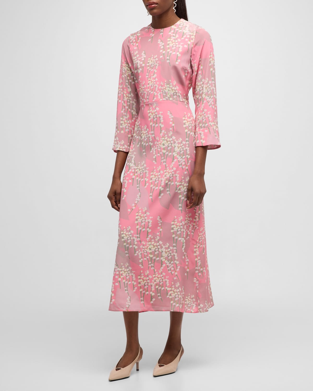 Bernadette Harry Floral-print 3/4-sleeve Silk Midi Dress In Lily Of The Valle