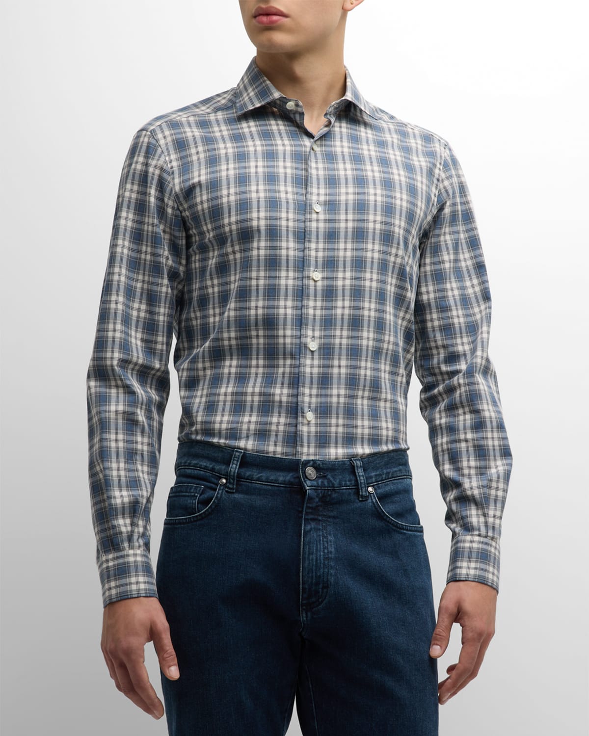 Zegna Men's Flannel Plaid Sport Shirt In Dark Blue Check