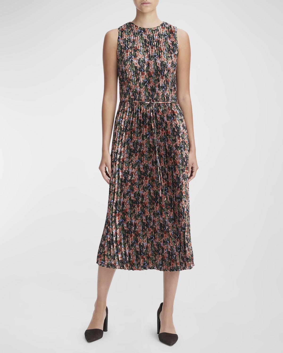 Vince Wild Primrose Pleat Tie Waist Midi Dress In Black