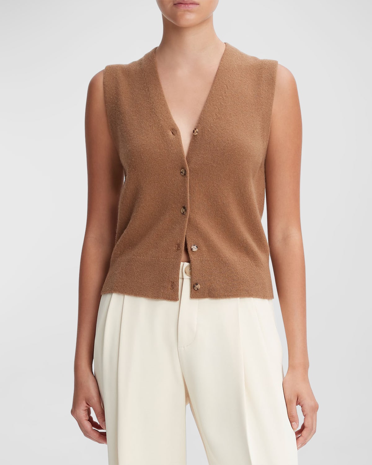 Vince Shrunken Wool Knit Button-front Sweater Vest In Mink