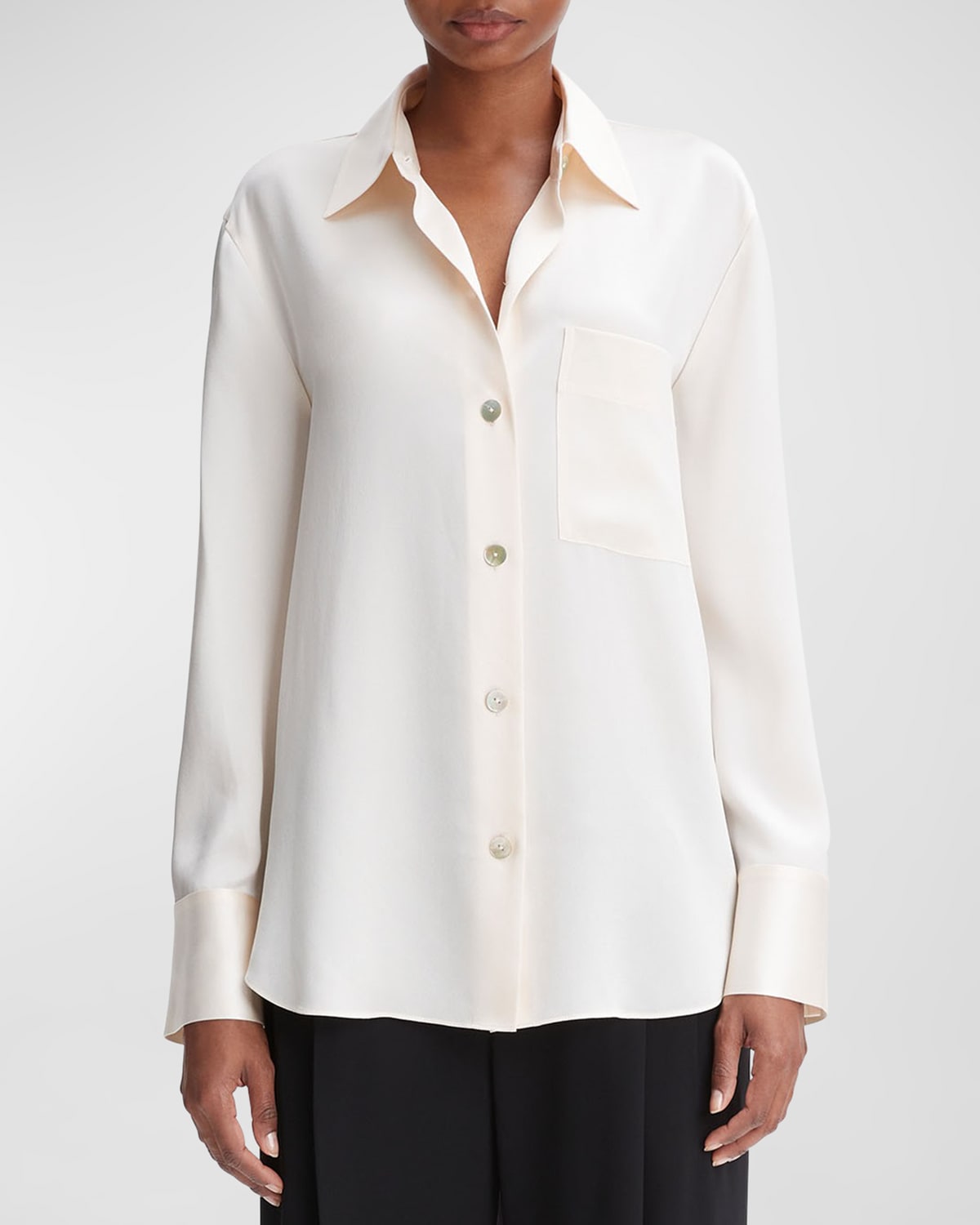 Vince Long-sleeve Silk Chest Pocket Blouse In Silverstone