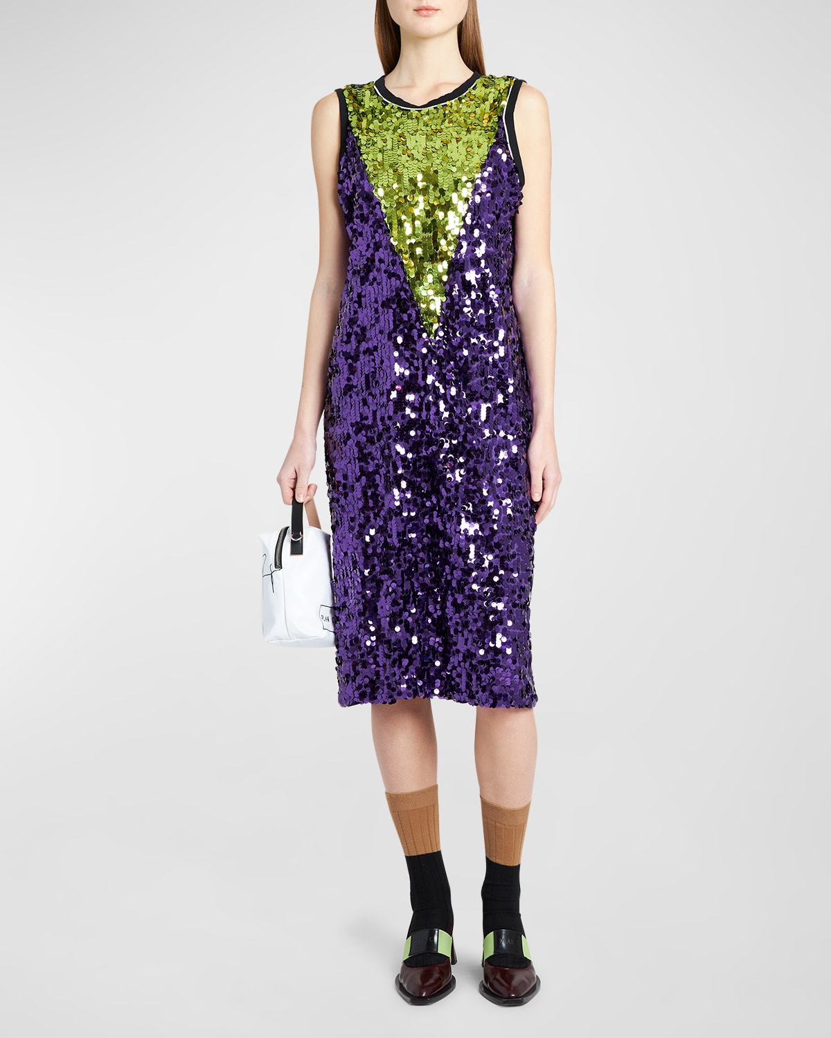 Plan C V-yoke Sequin Sleeveless Midi Dress In Aubergine