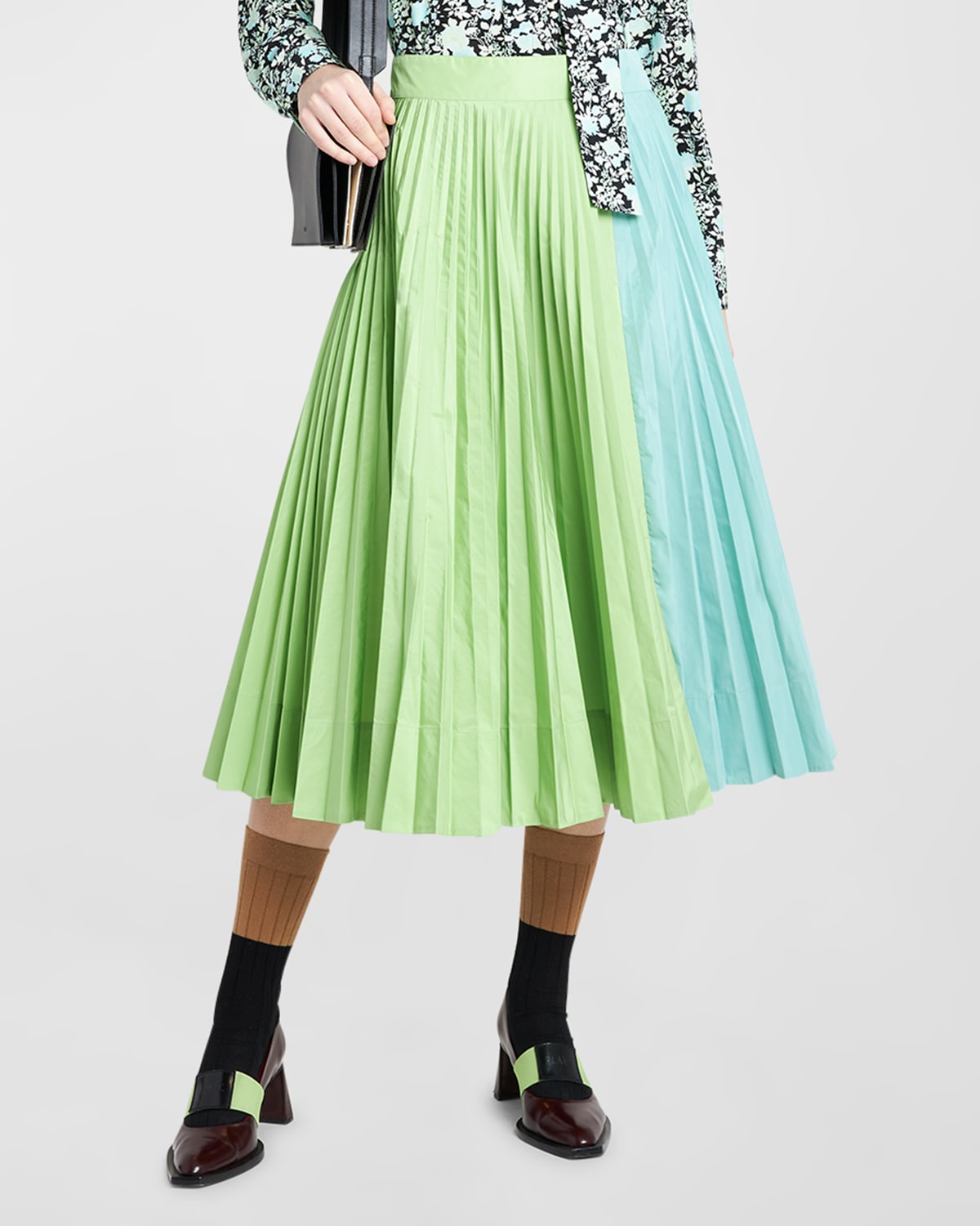 Plan C Pleated Colorblock Midi Skirt In Green Blue