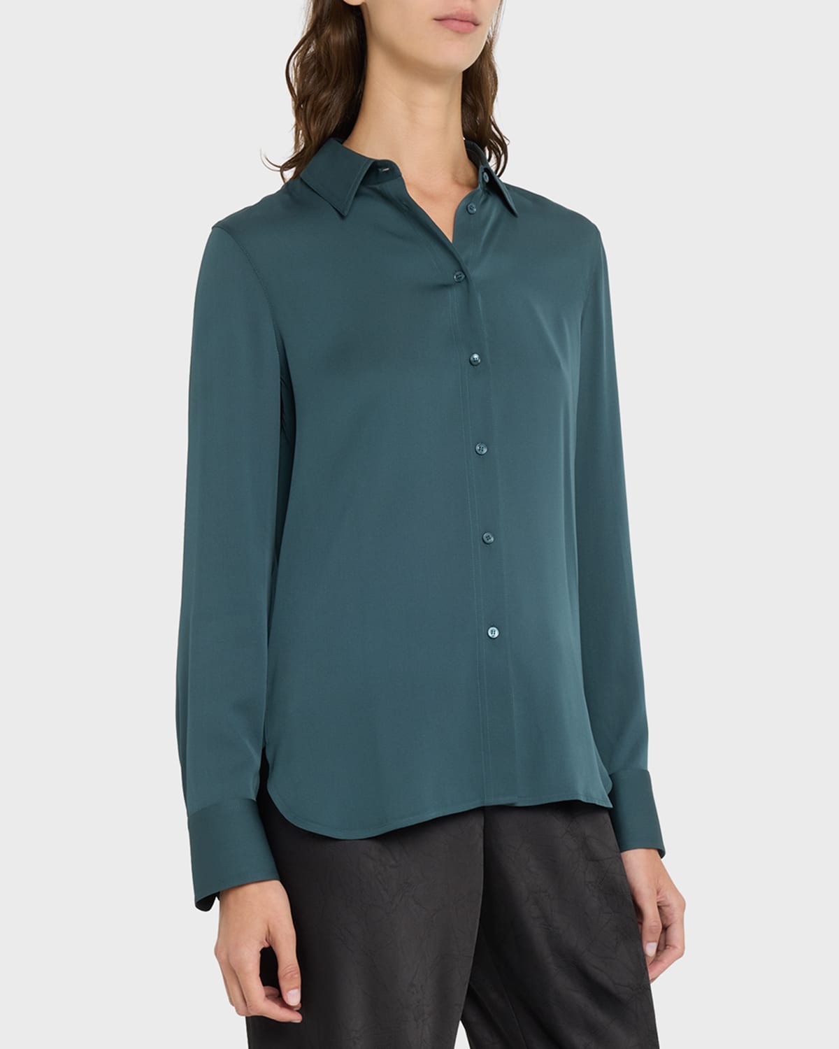 VINCE SLIM-FITTED STRETCH SILK BUTTON-FRONT BLOUSE