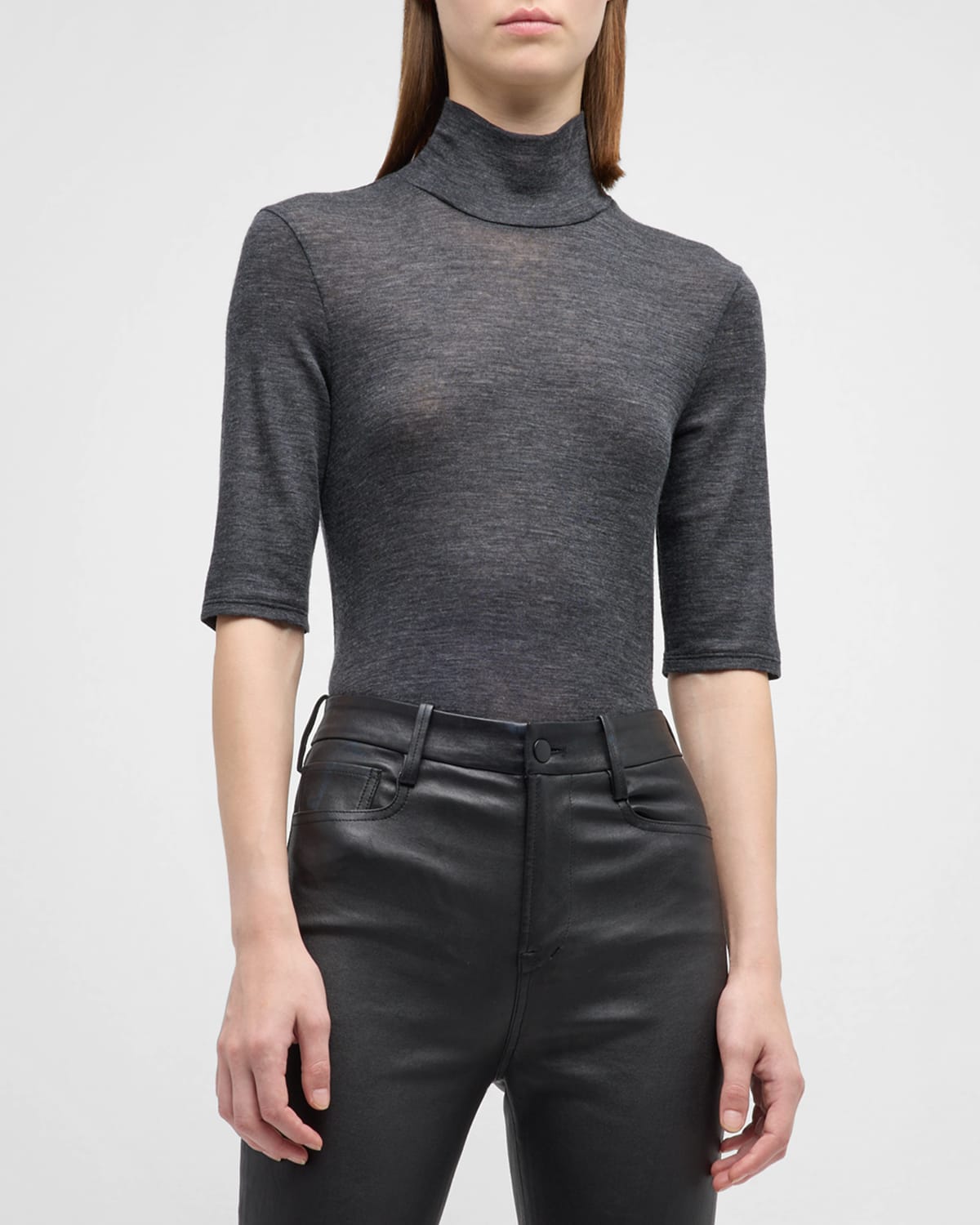 Vince Elbow Sleeve Merino Wool Turtleneck In H Charcoal