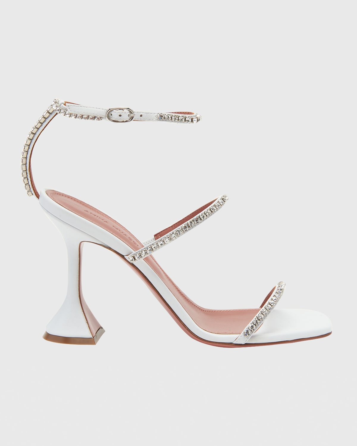 Shop Amina Muaddi Gilda Embellished Leather Pedestal Sandals In White