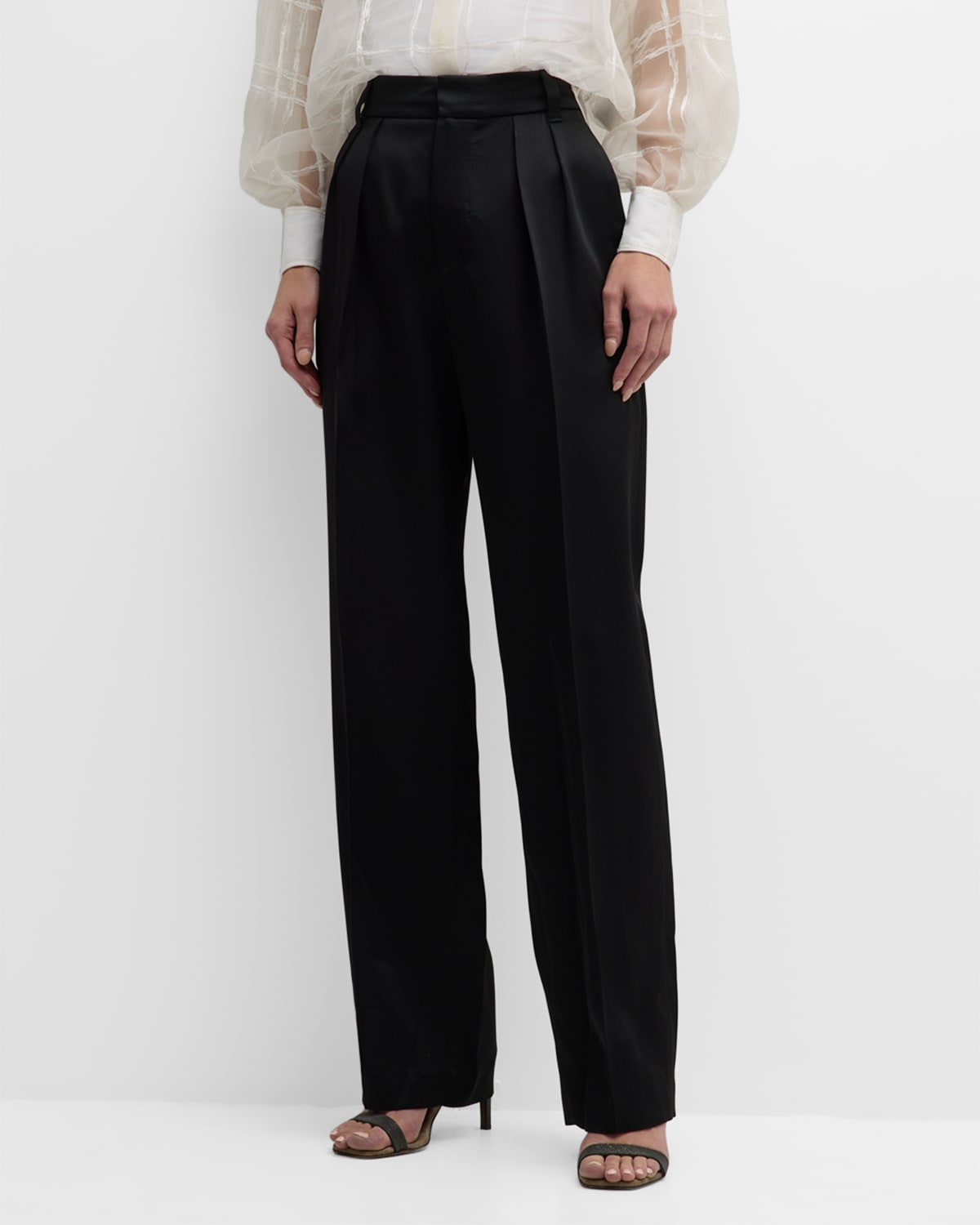 BRUNELLO CUCINELLI DOUBLE-PLEATED SATIN STRAIGHT-LEG TROUSERS