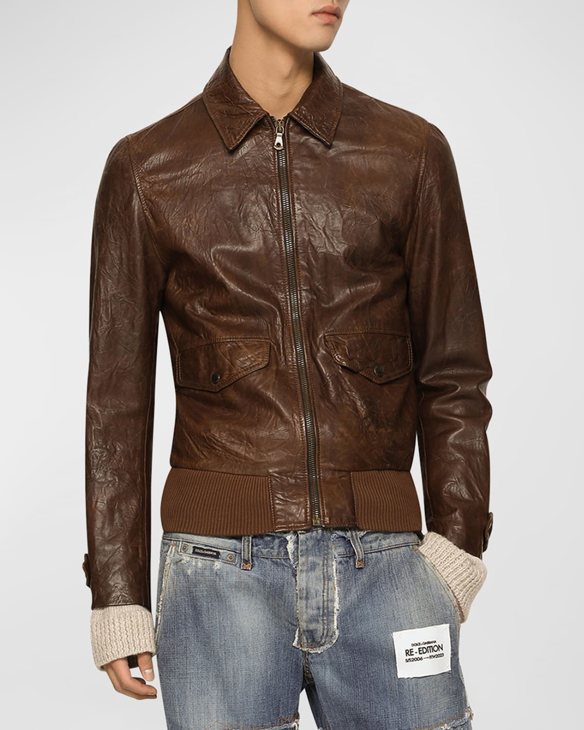 Shop Dolce & Gabbana Men's Weathered Leather Jacket In Medium Bro