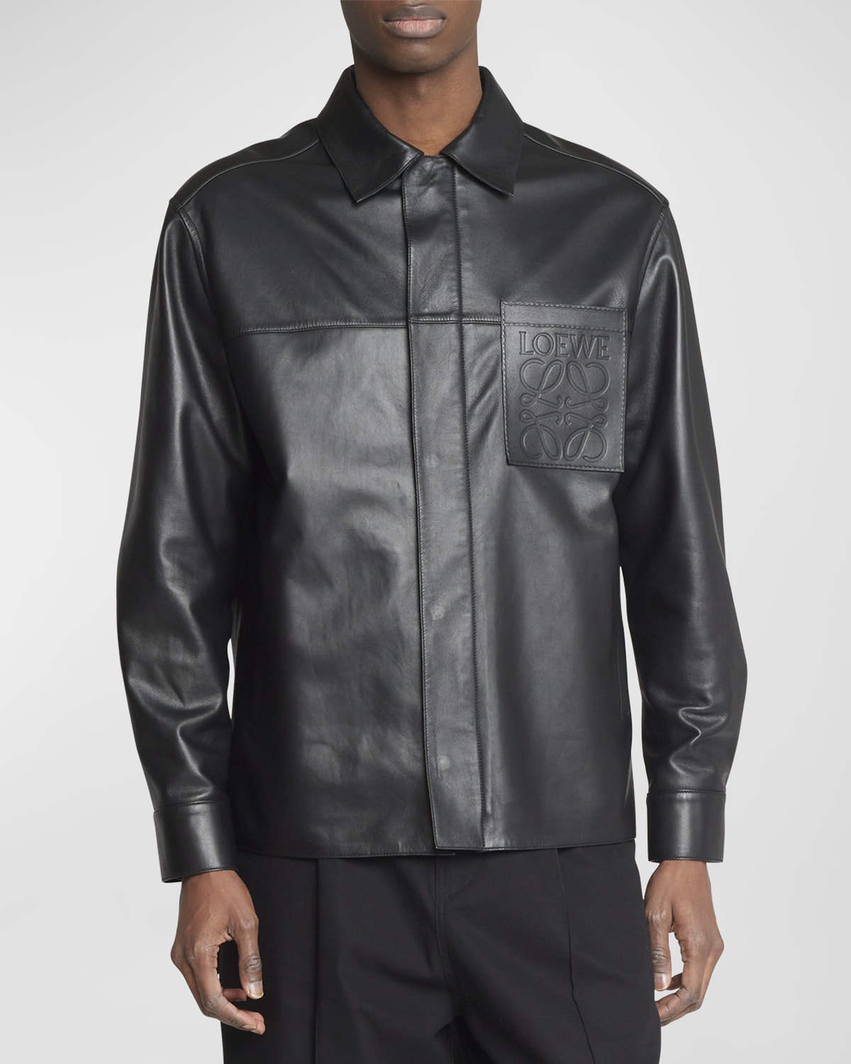Shop Loewe Men's Leather Debossed Anagram Overshirt In Black