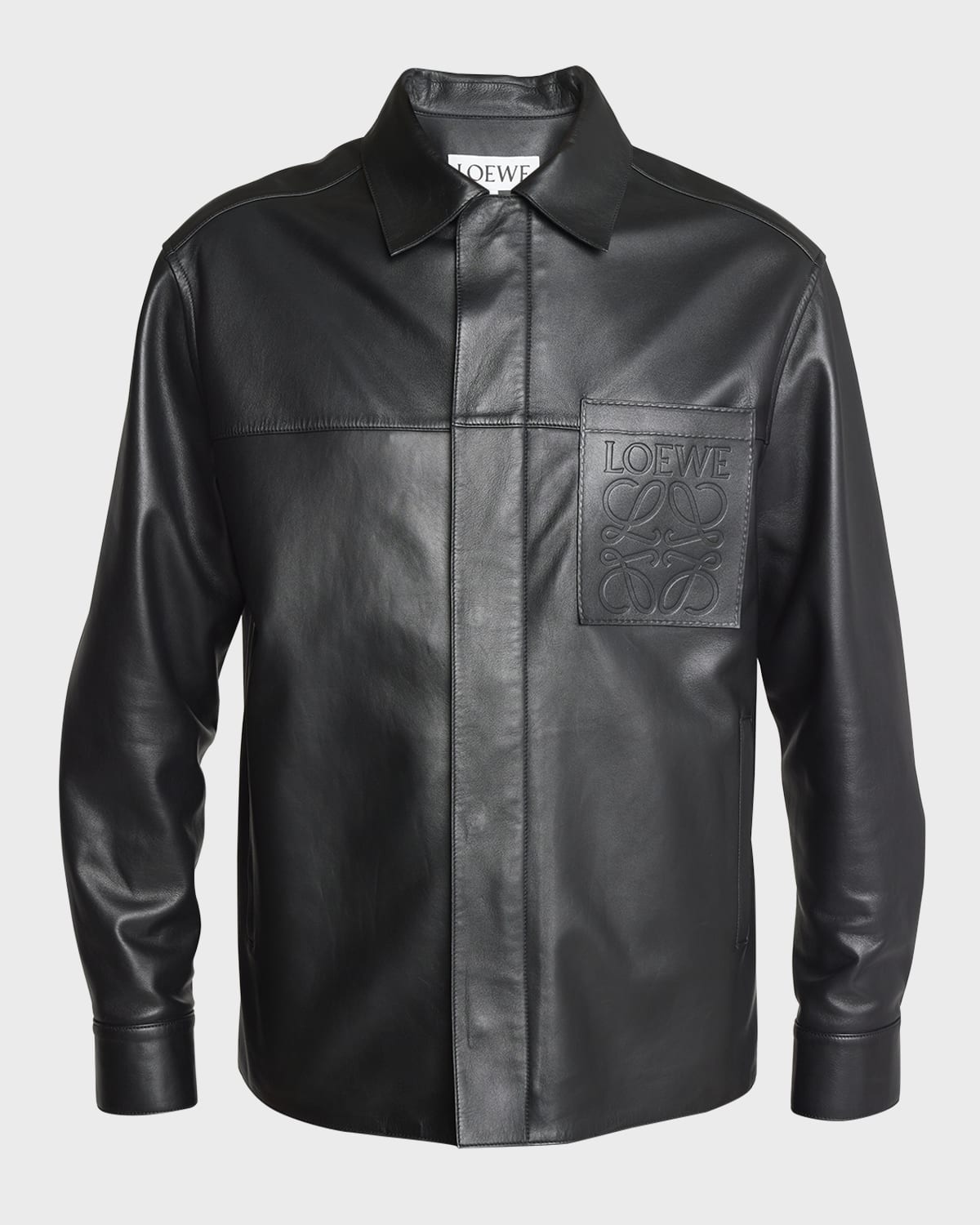 Shop Loewe Men's Leather Debossed Anagram Overshirt In Black