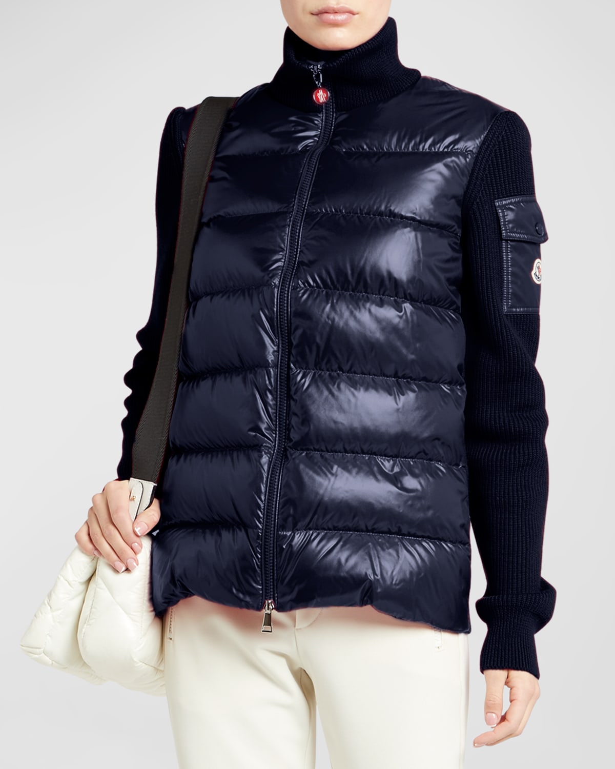 Shop Moncler Mixed Media Wool Puffer Cardigan In Navy