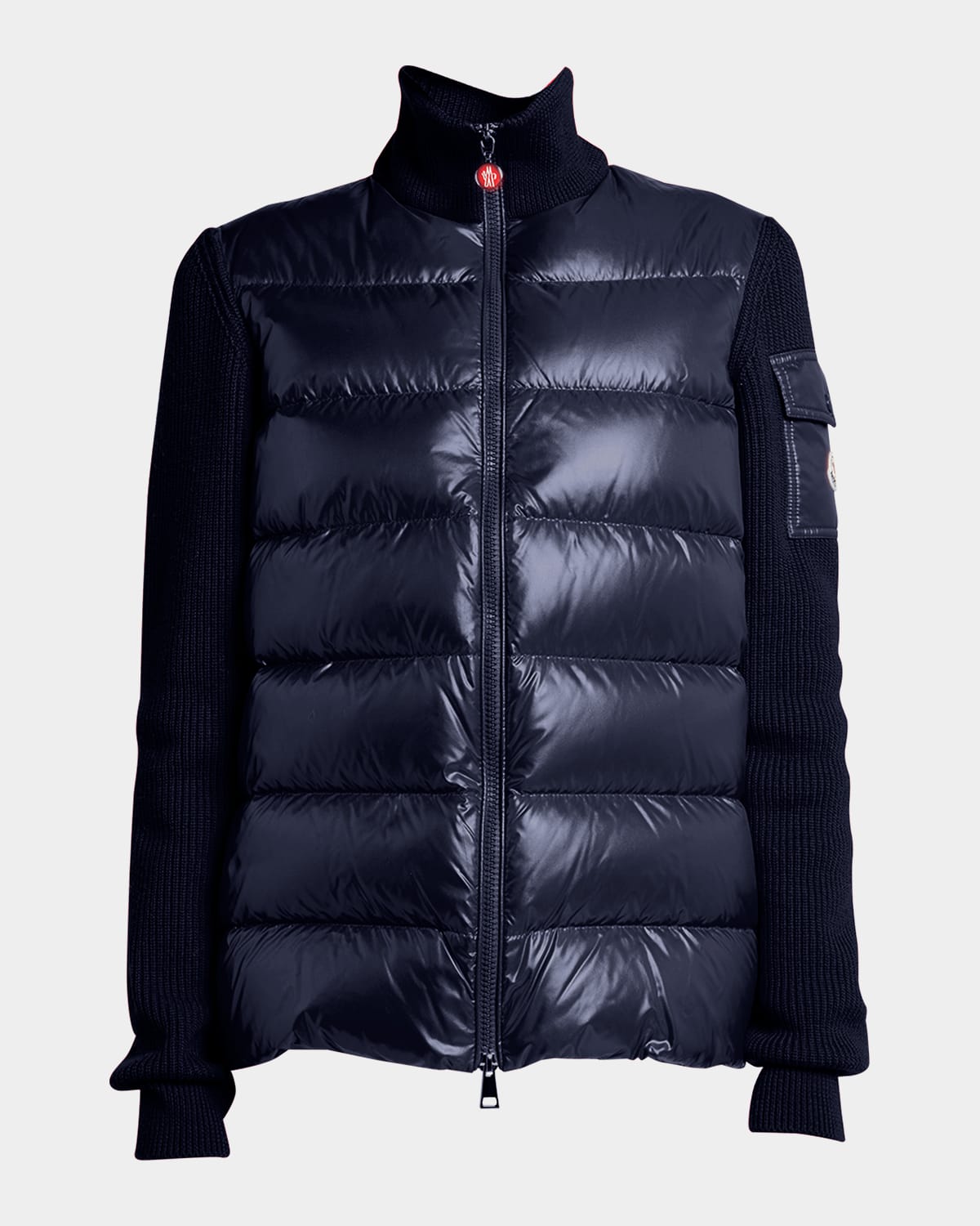 Shop Moncler Mixed Media Wool Puffer Cardigan In Navy