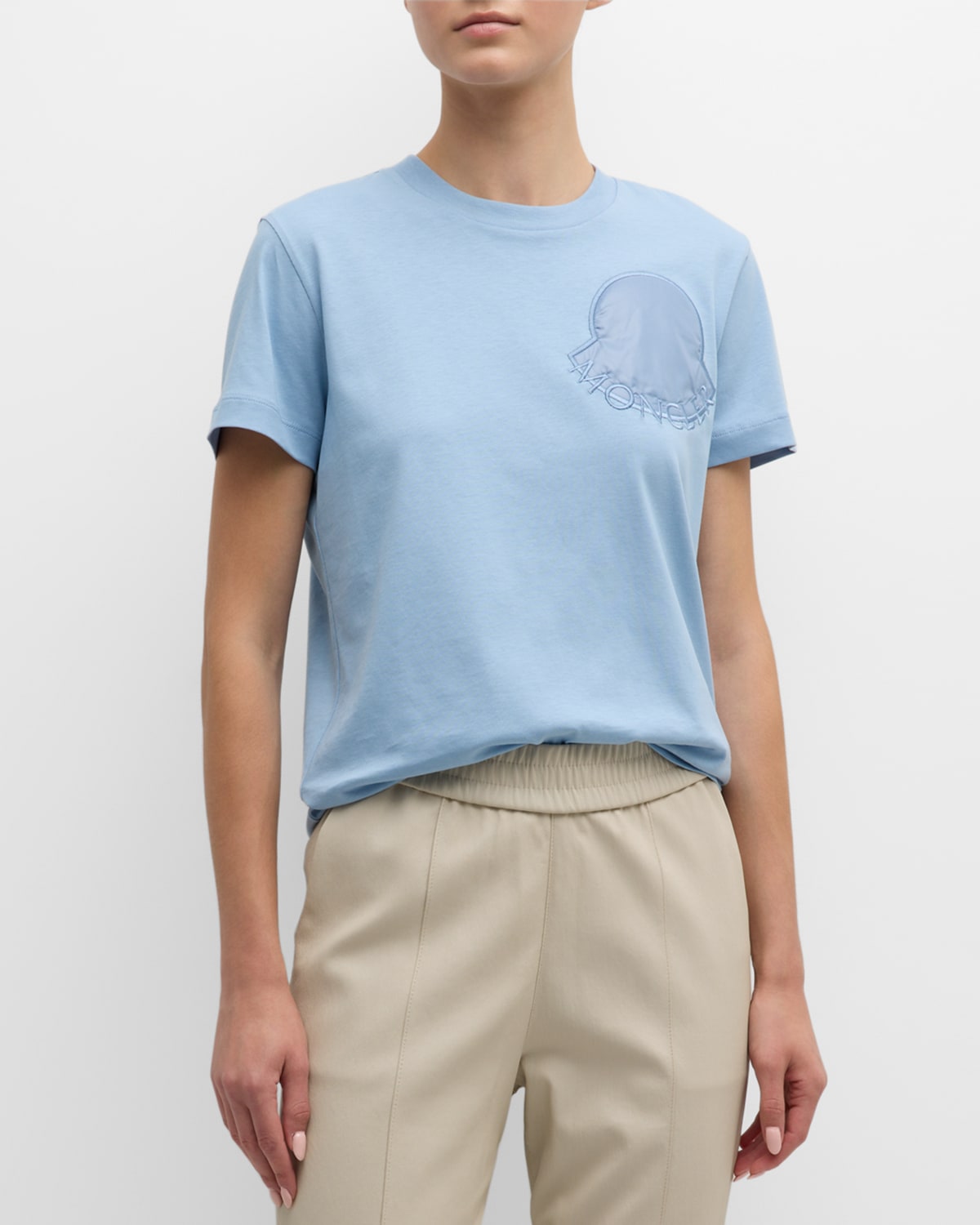 Moncler Short Sleeve Cotton T-shirt With Logo Embroidery In Blue