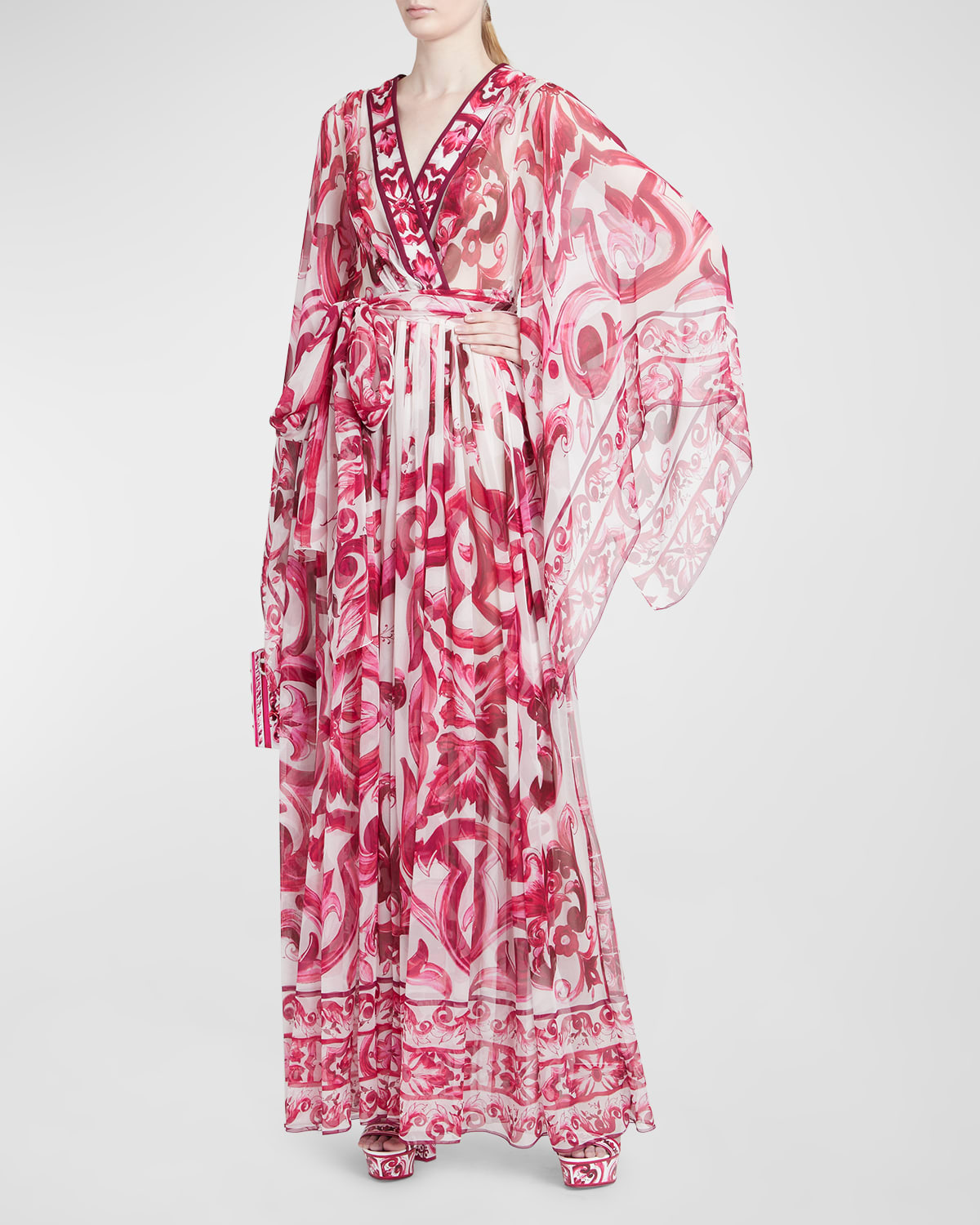 Dolce & Gabbana Majolica-print Chiffon Maxi Wrap Dress In Naturalwhi