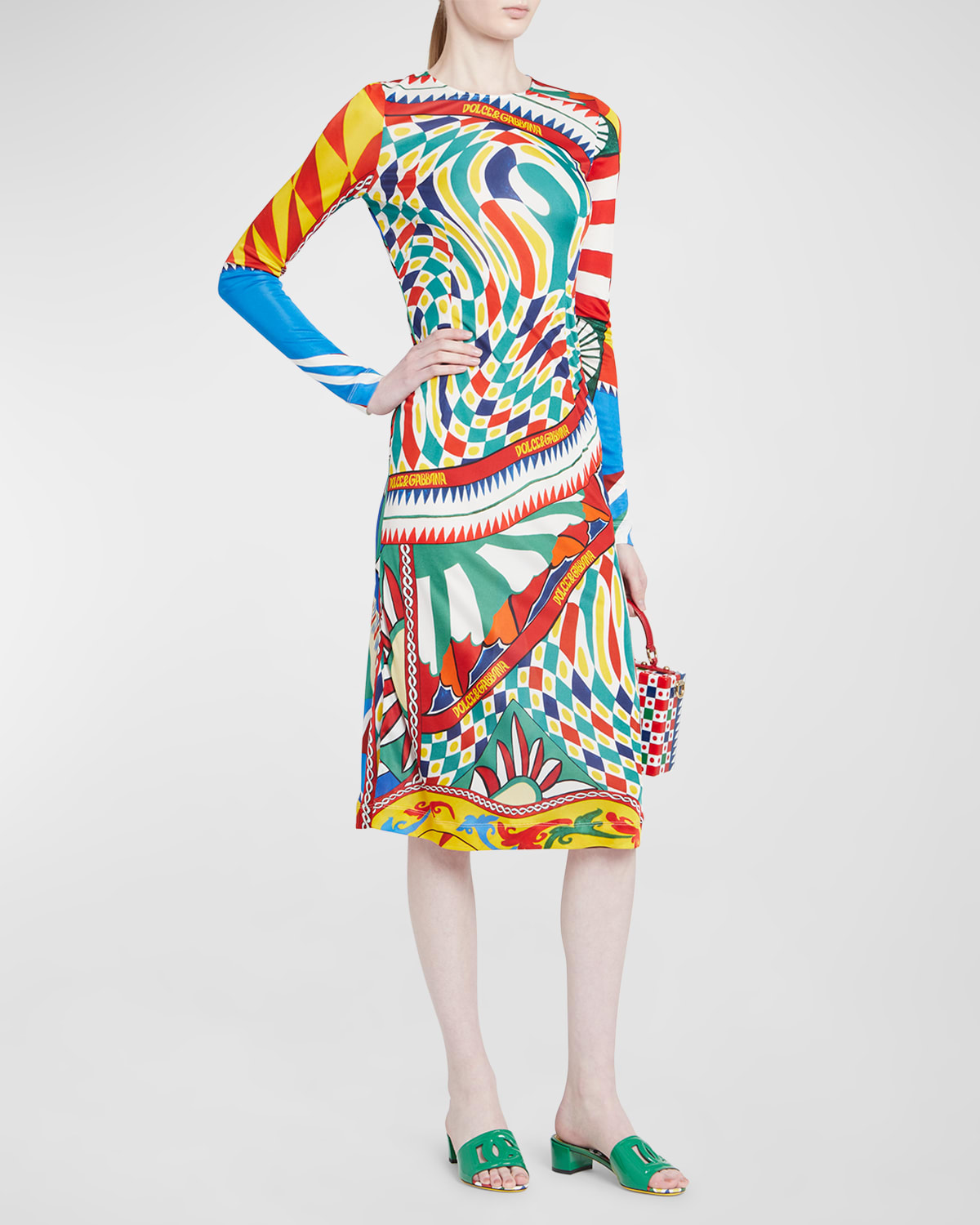 Dolce & Gabbana Circus-print Long-sleeve Midi Dress In White Multicolor