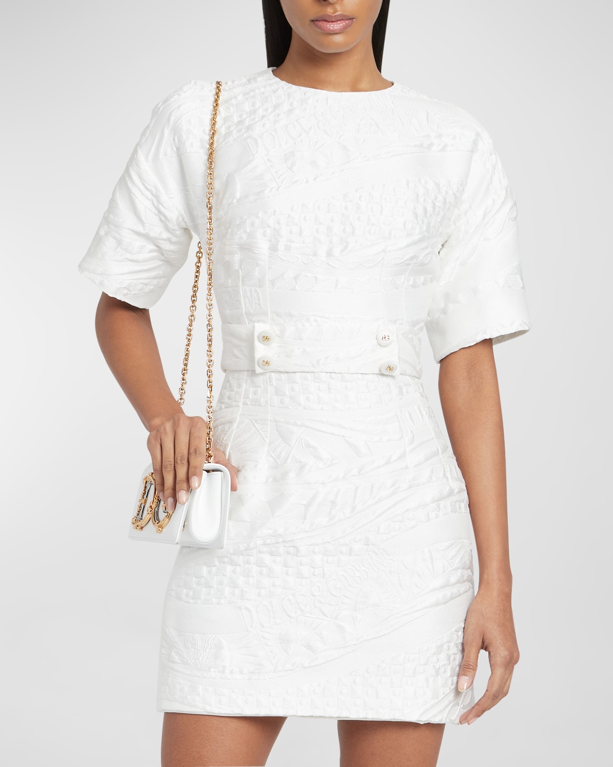 Shop Dolce & Gabbana Jacquard Brocade Short-sleeve Mini Dress In Naturalwhi