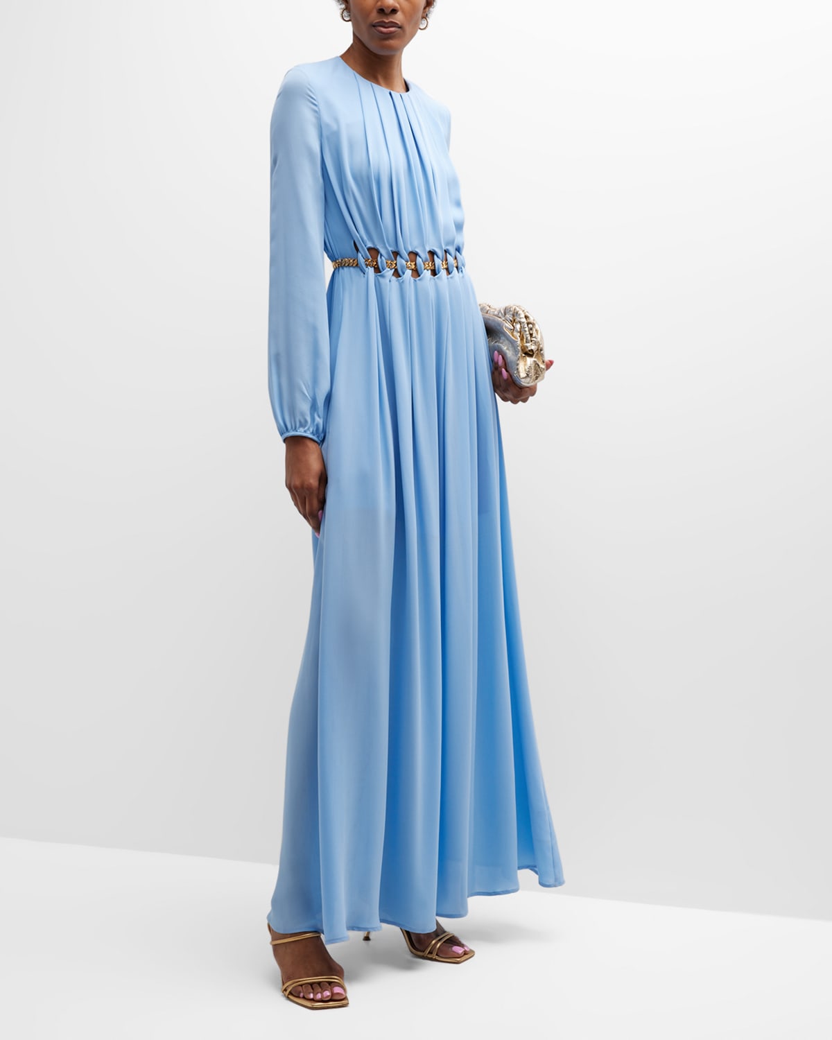 Shop St John Chain Cutout Long-sleeve Silk Georgette Gown In Blue