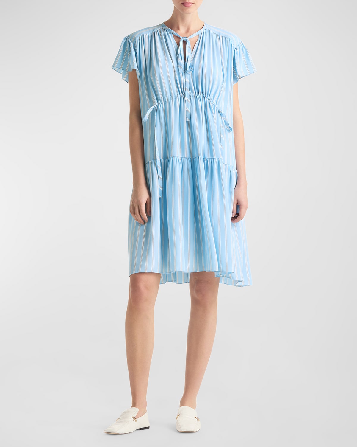 Shop St John Striped Tiered Silk Crepe De Chine Shift Dress In Blue