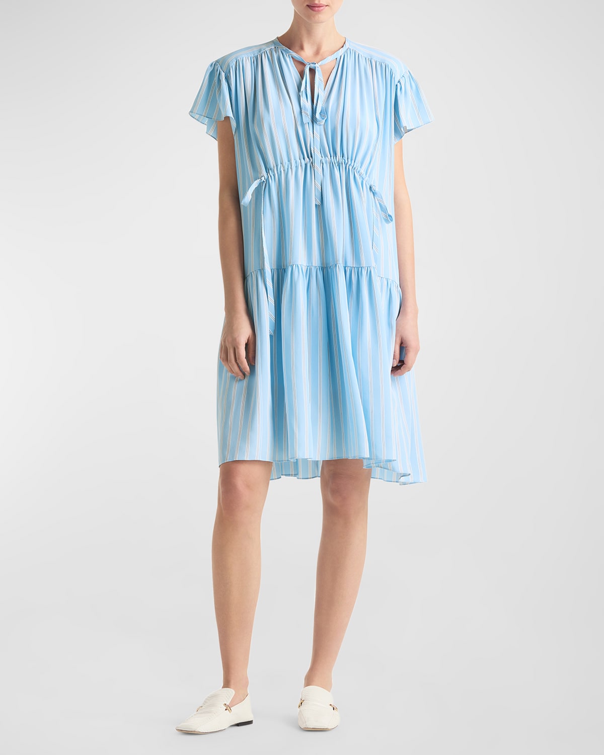 ST JOHN STRIPED TIERED SILK CREPE DE CHINE SHIFT DRESS