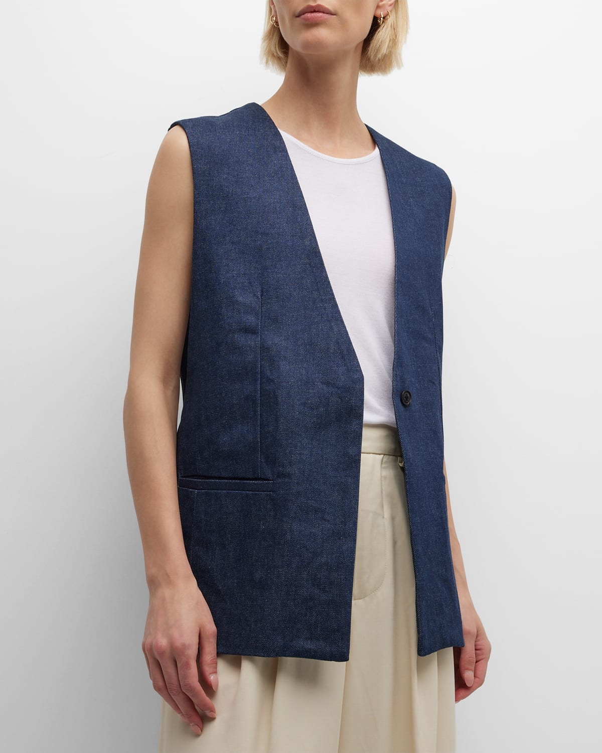 Amiri Collarless Single Breast Denim Vest In Raw Indigo