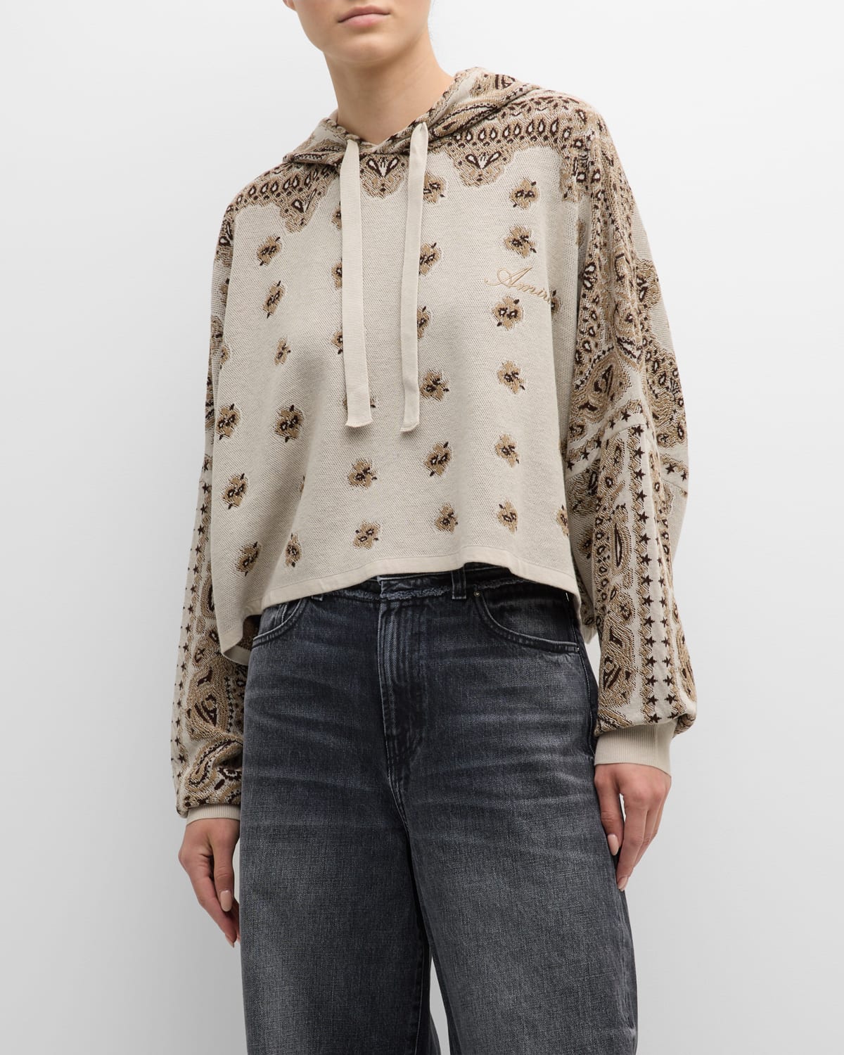 Amiri Bandana Print Knit Hoodie With Logo Embroidery In White