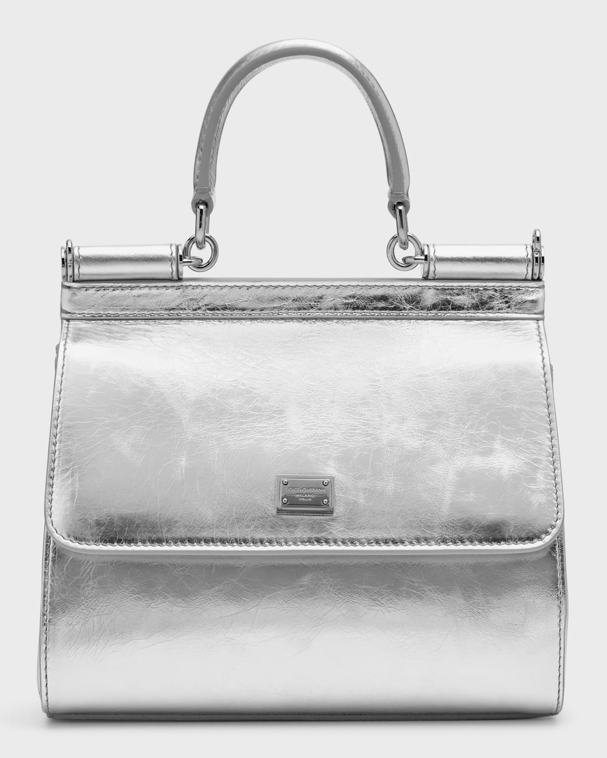 Dolce & Gabbana Sicily Metallic Leather Top-handle Bag In Silver