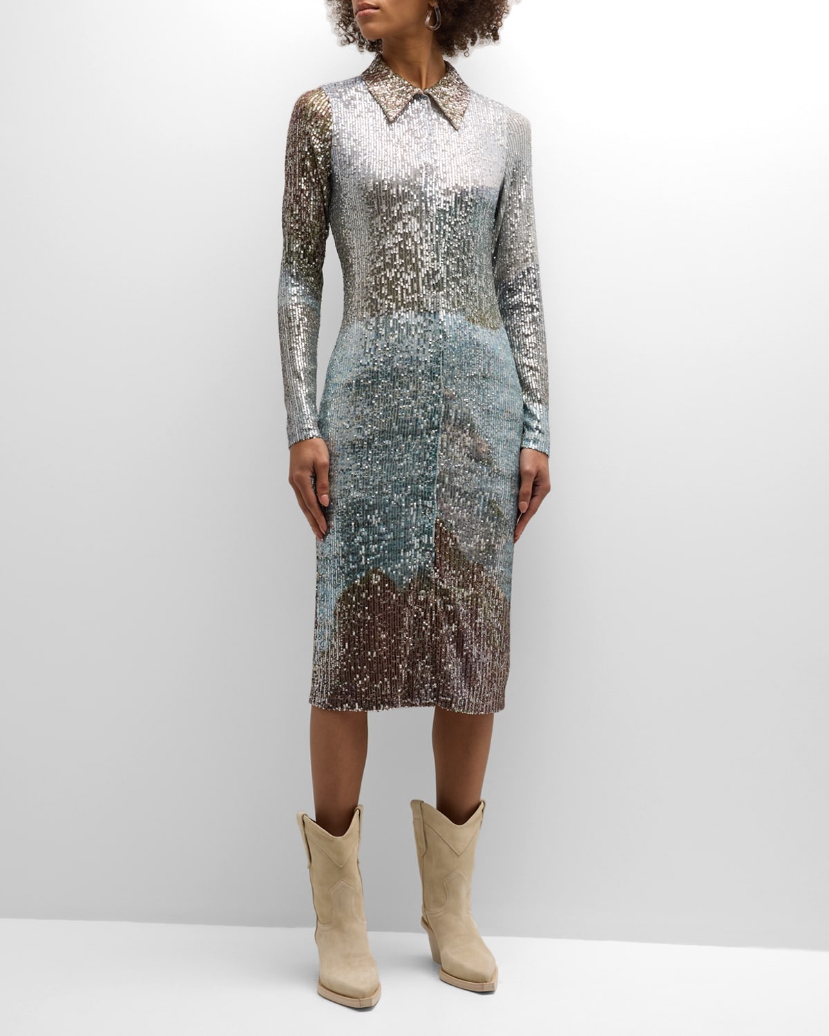 Ken Sequin Long Sleeve Midi Dress