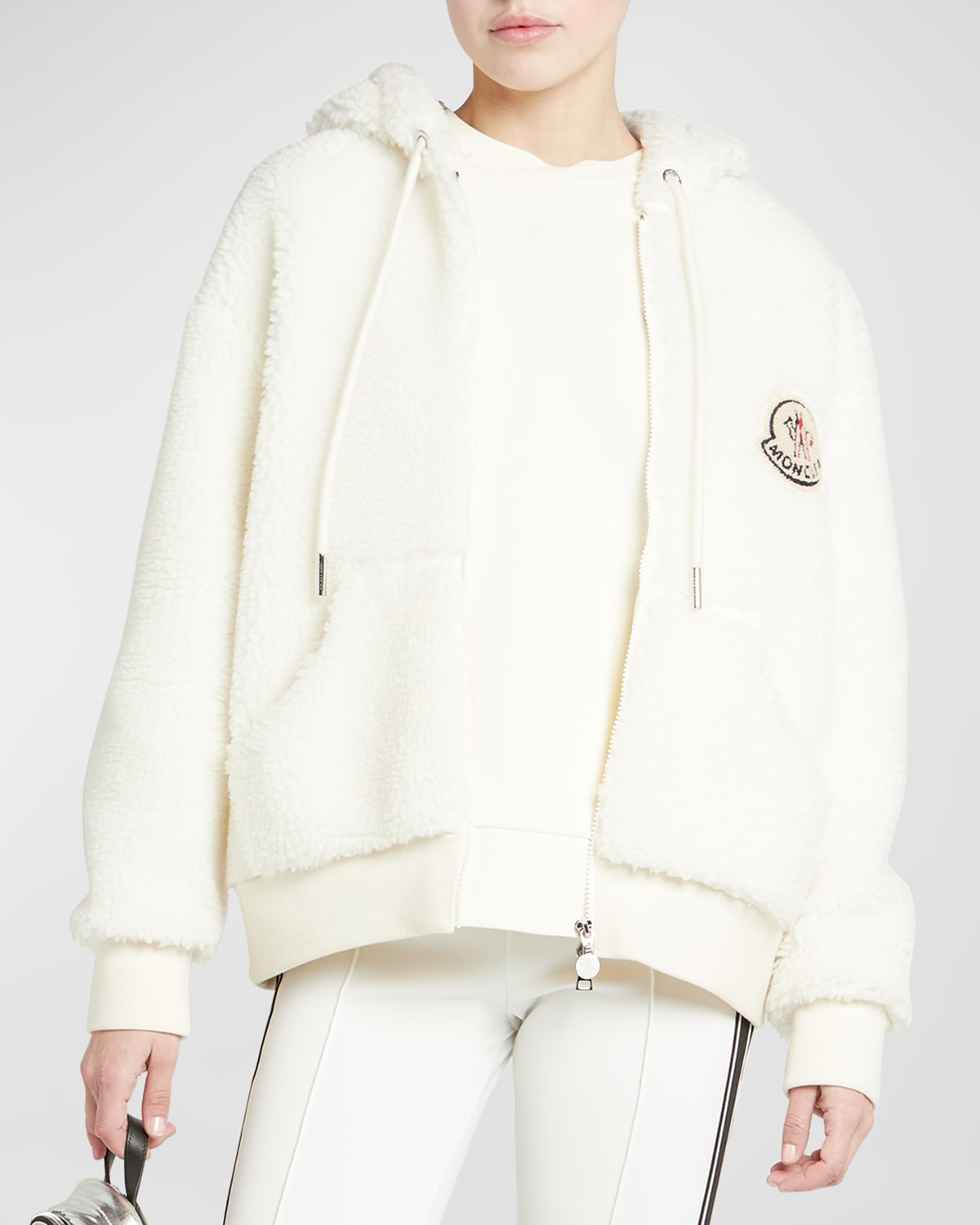 Shop Moncler Faux Sherpa Hooded Zip-up Cardigan In Natural