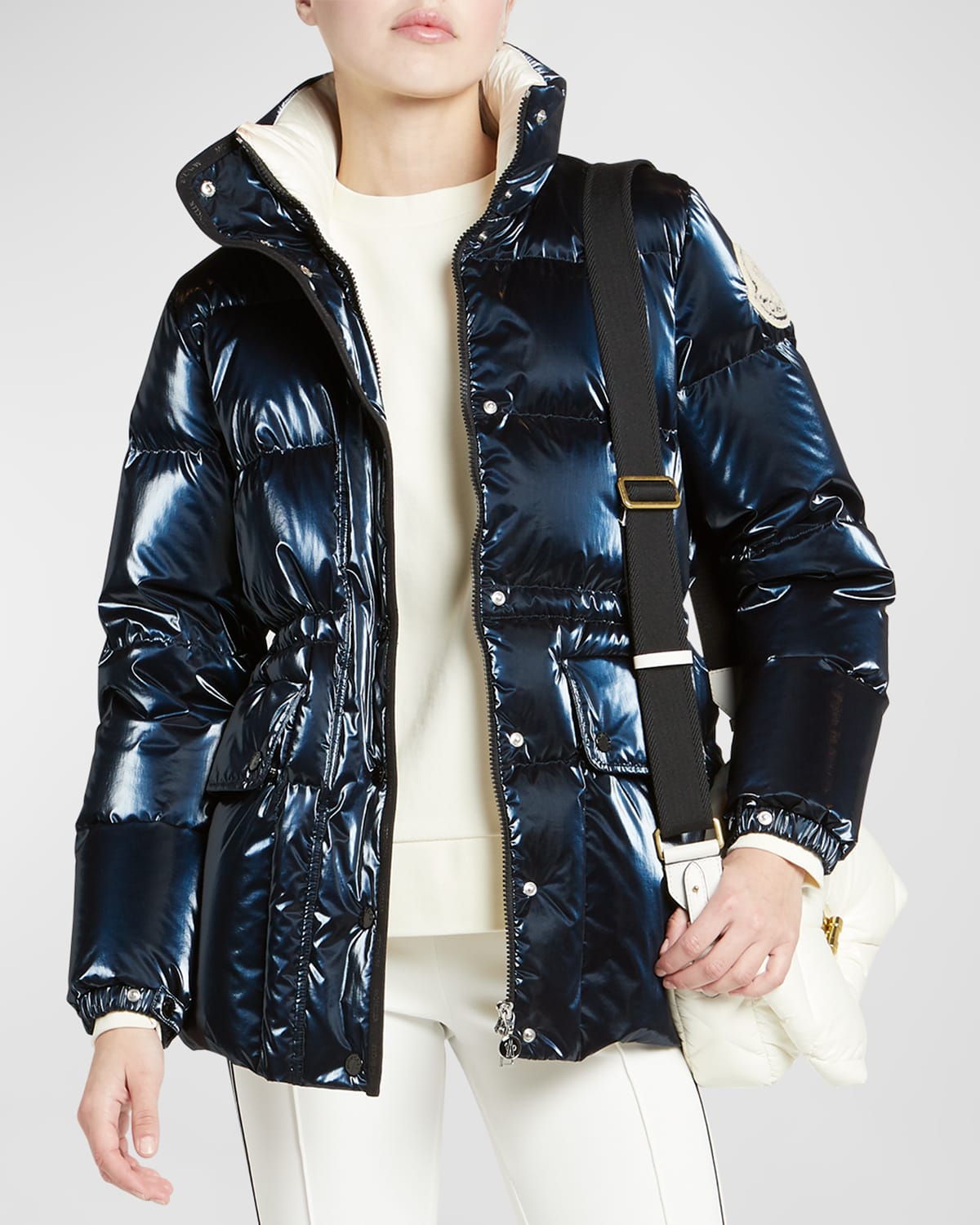 Shop Moncler Herault Metallic Puffer Jacket With Removable Hood In Navy