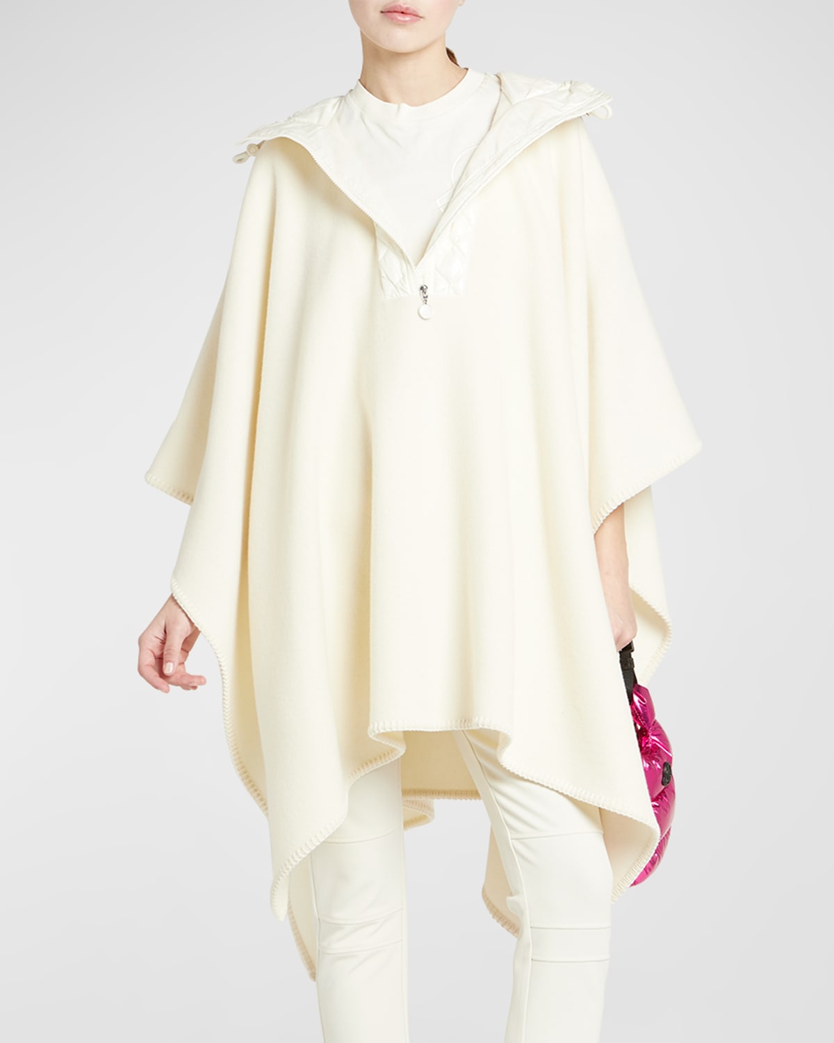 Hooded Long Wool Cape with Quilted Front