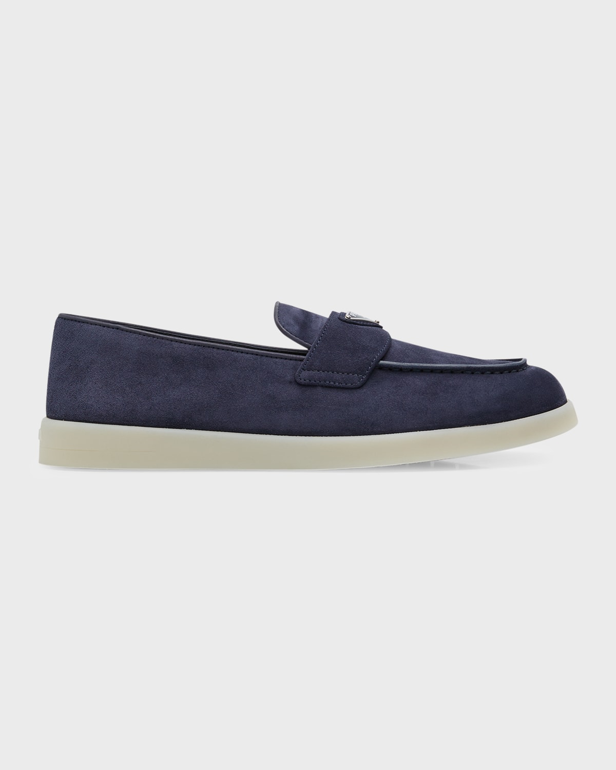 Prada Enamel Triangle Logo Suede Loafers In Bleu