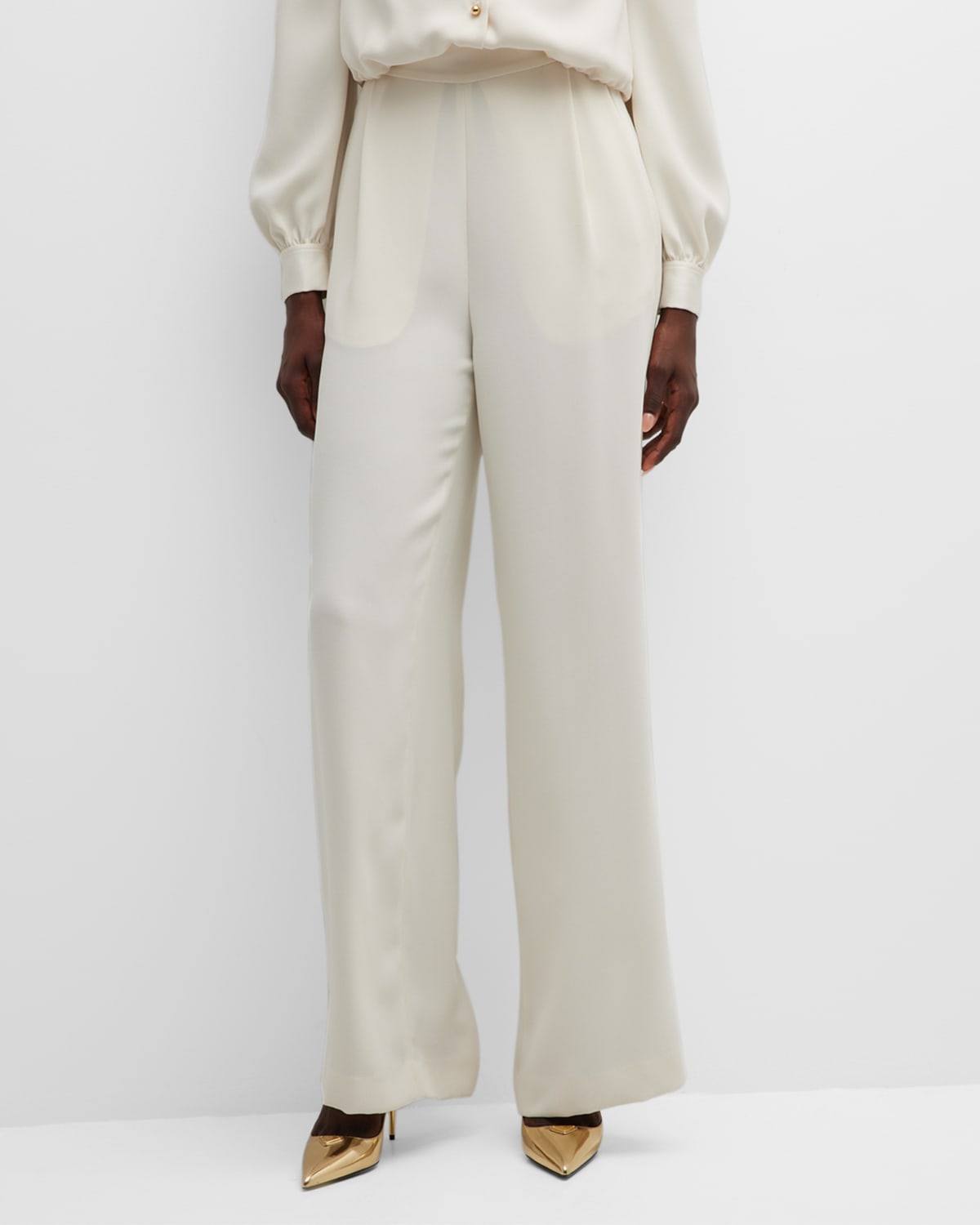St John Satin Crepe Wide-leg Trouser Pants With Button Detail In White