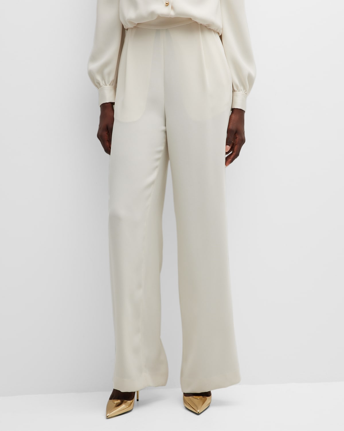 Satin Crepe Wide-Leg Trouser Pants with Button Detail