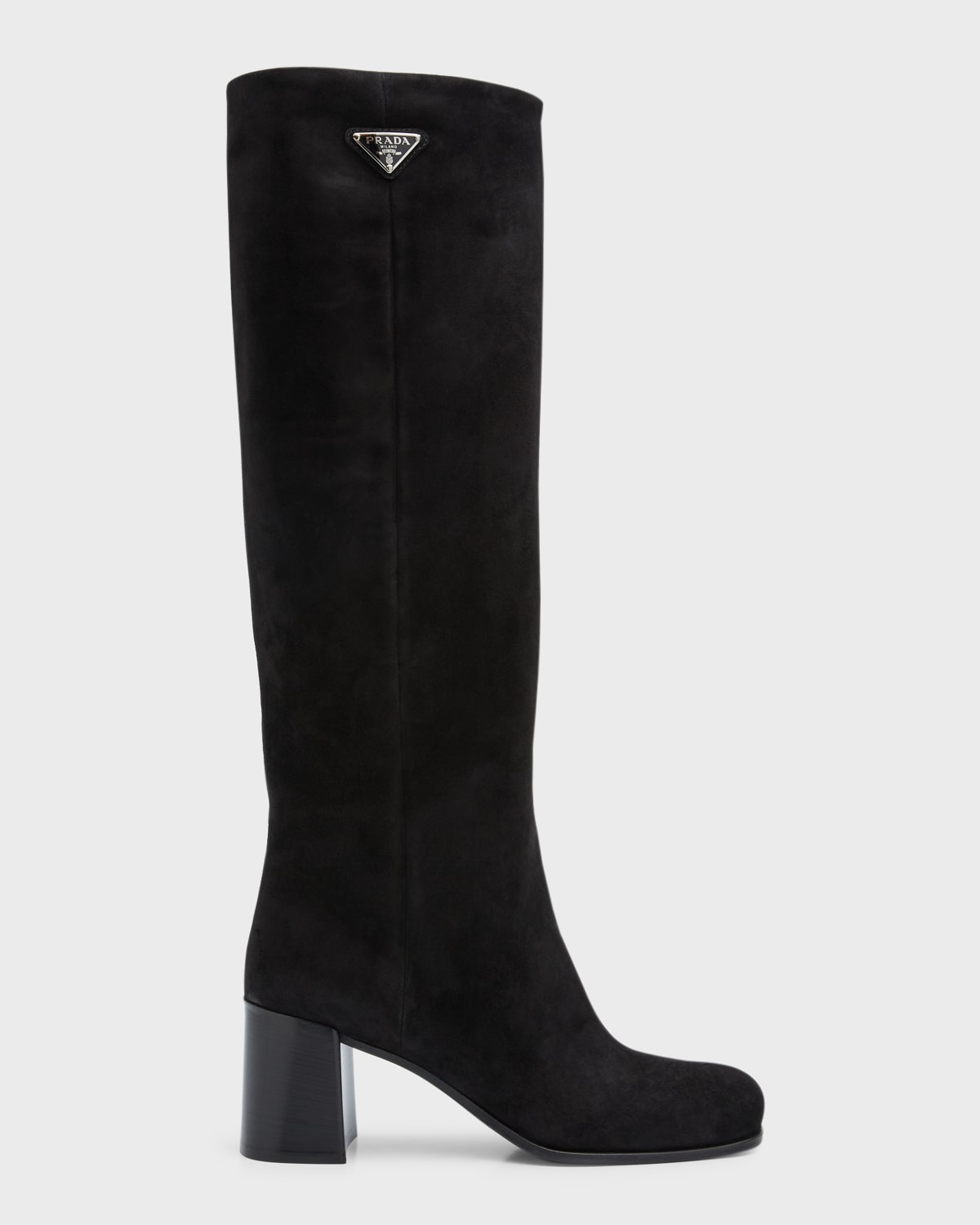 Shop Prada Suede Block-heel Knee Boots In Nero